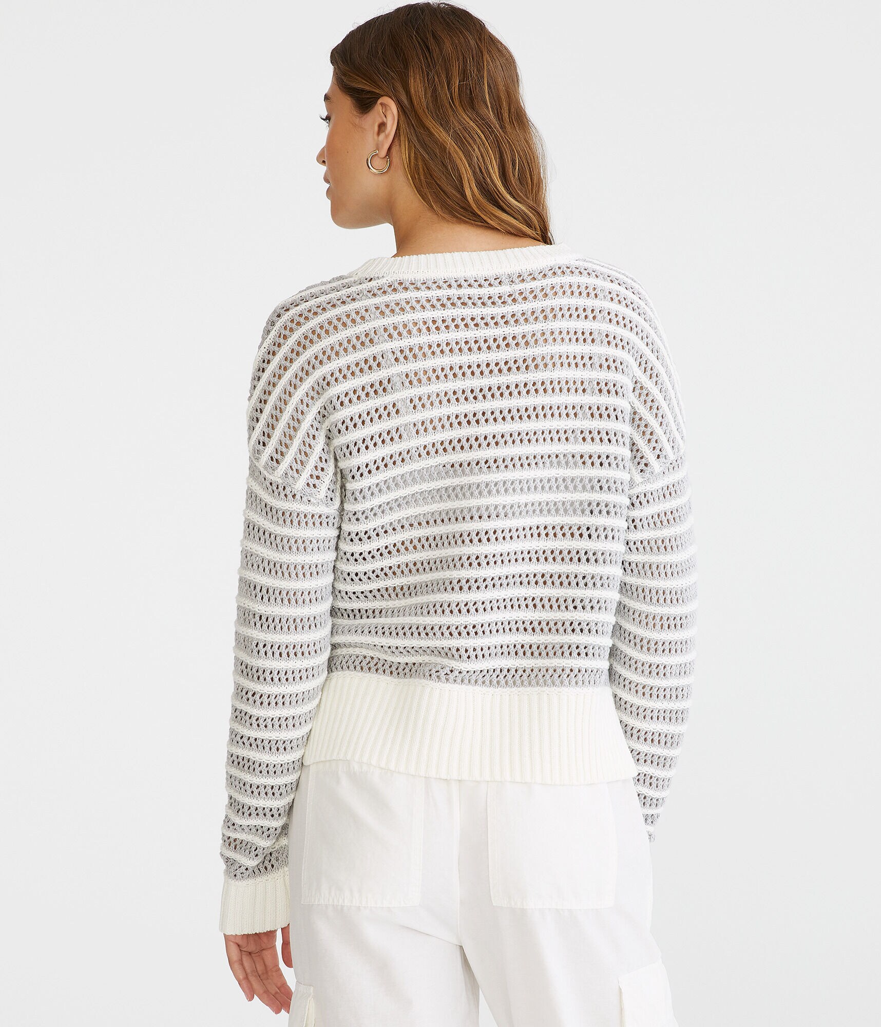 Striped Open Knit High-Low Crew Sweater