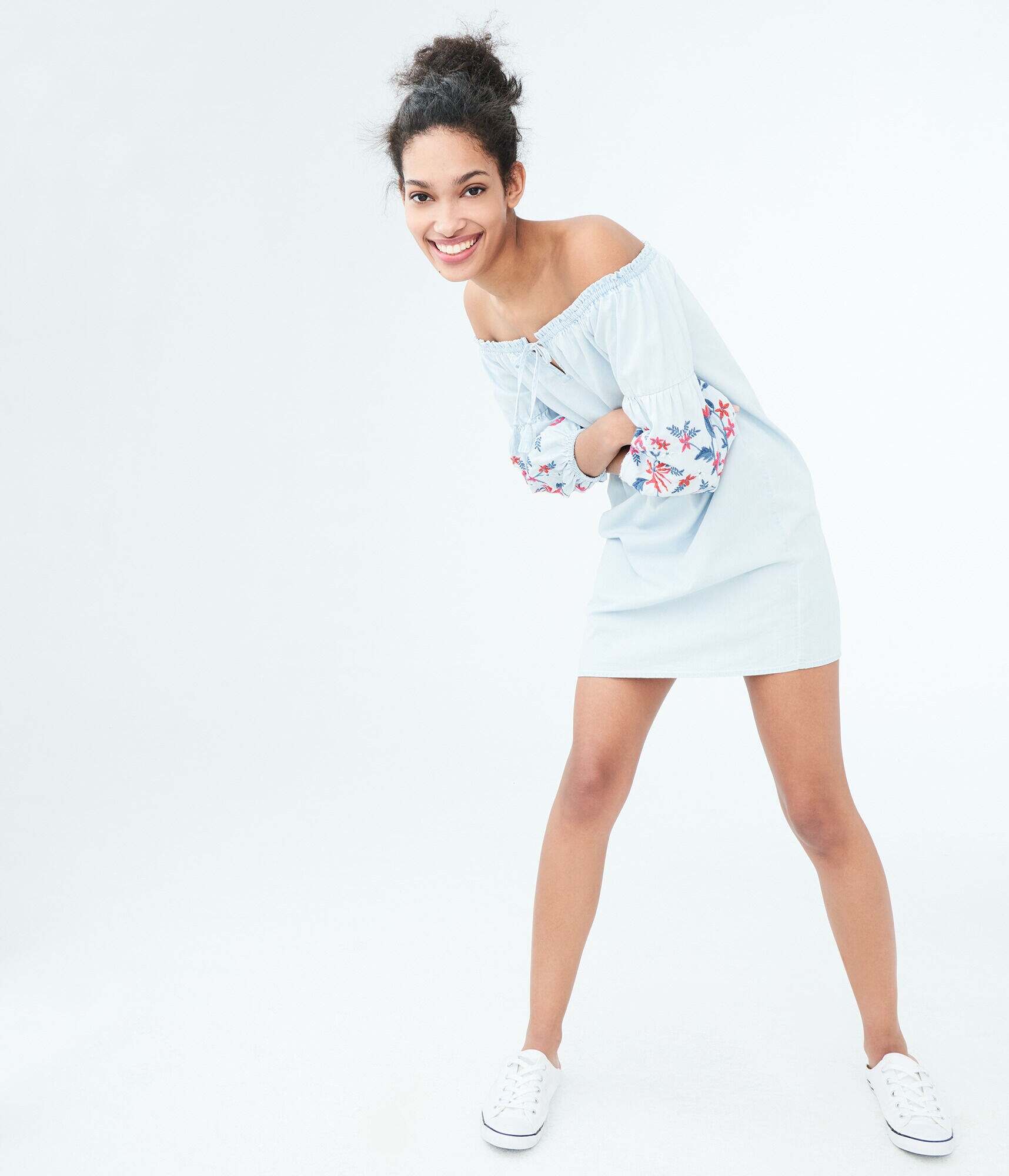 Solid Off-The-Shoulder Embroidered Chambray Shift Dress