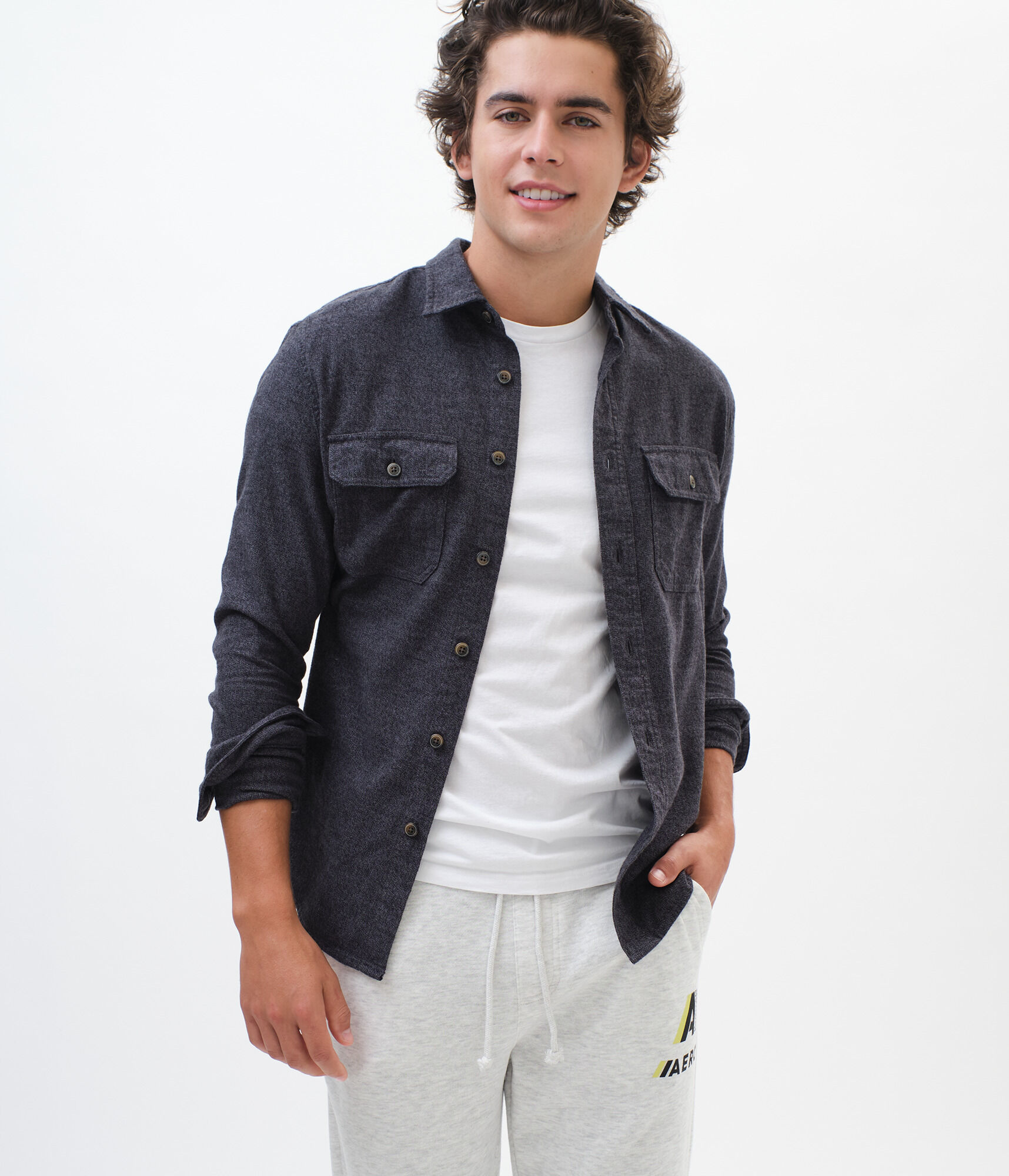 Long Sleeve Workwear Flannel Button-Down Shirt***