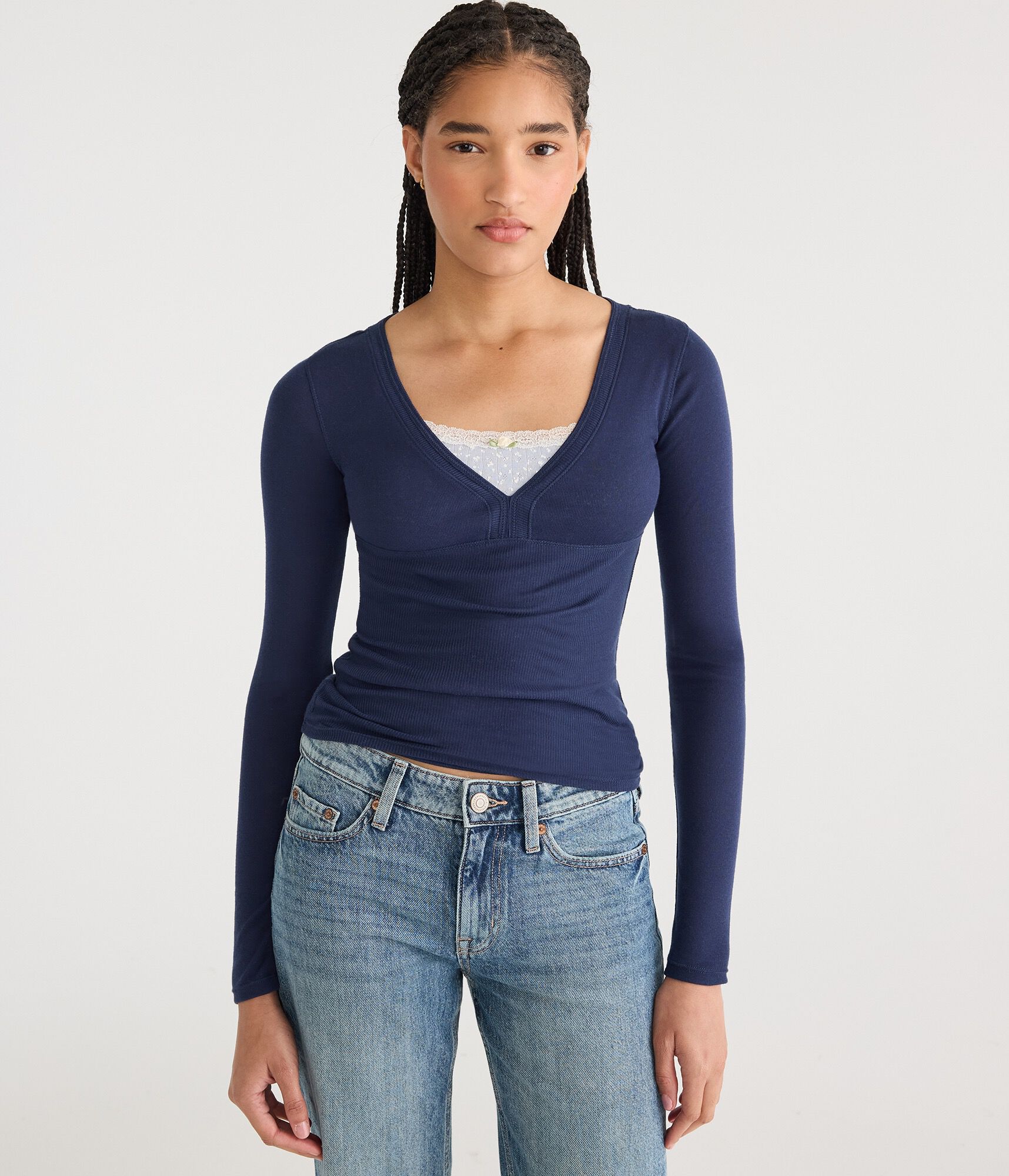 Long Sleeve Ribbed V-Neck Tee