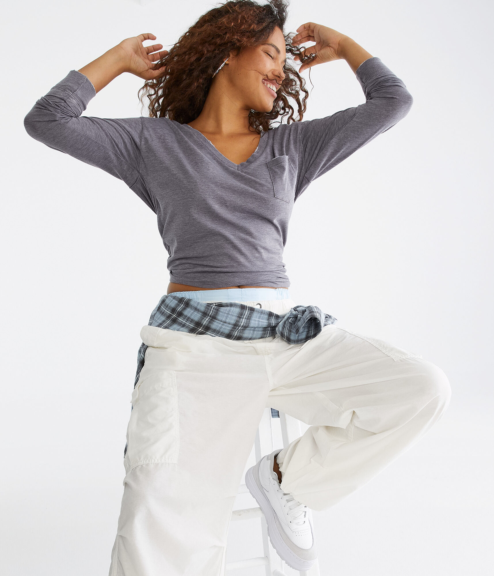 Long Sleeve Washed Loose Fit V-Neck Pocket Tee