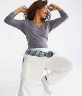 Long Sleeve Washed Loose Fit V-Neck Pocket Tee