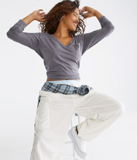 Long Sleeve Washed Loose Fit V-Neck Pocket Tee