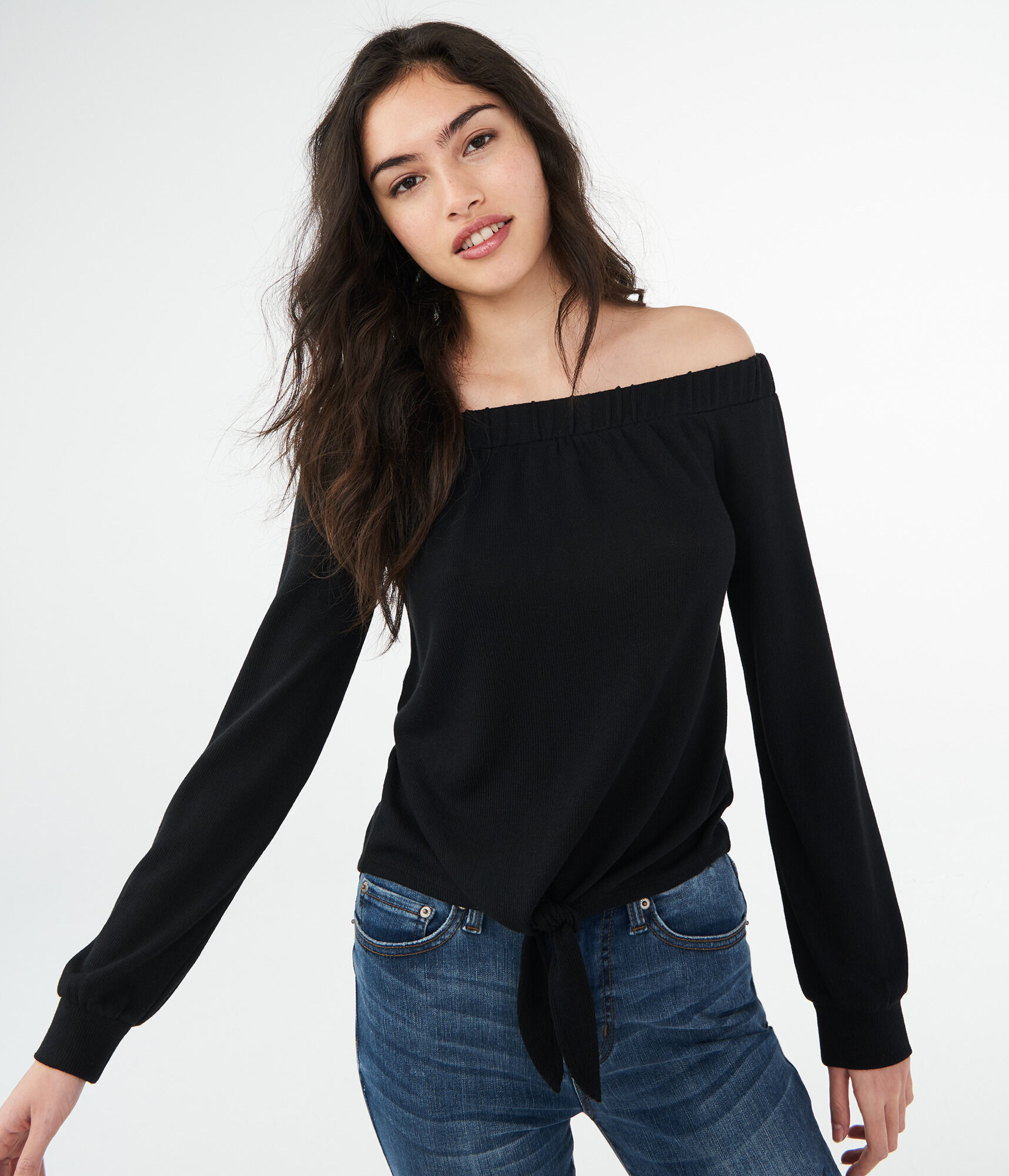 Long Sleeve Tie-Front Off-The-Shoulder Top***