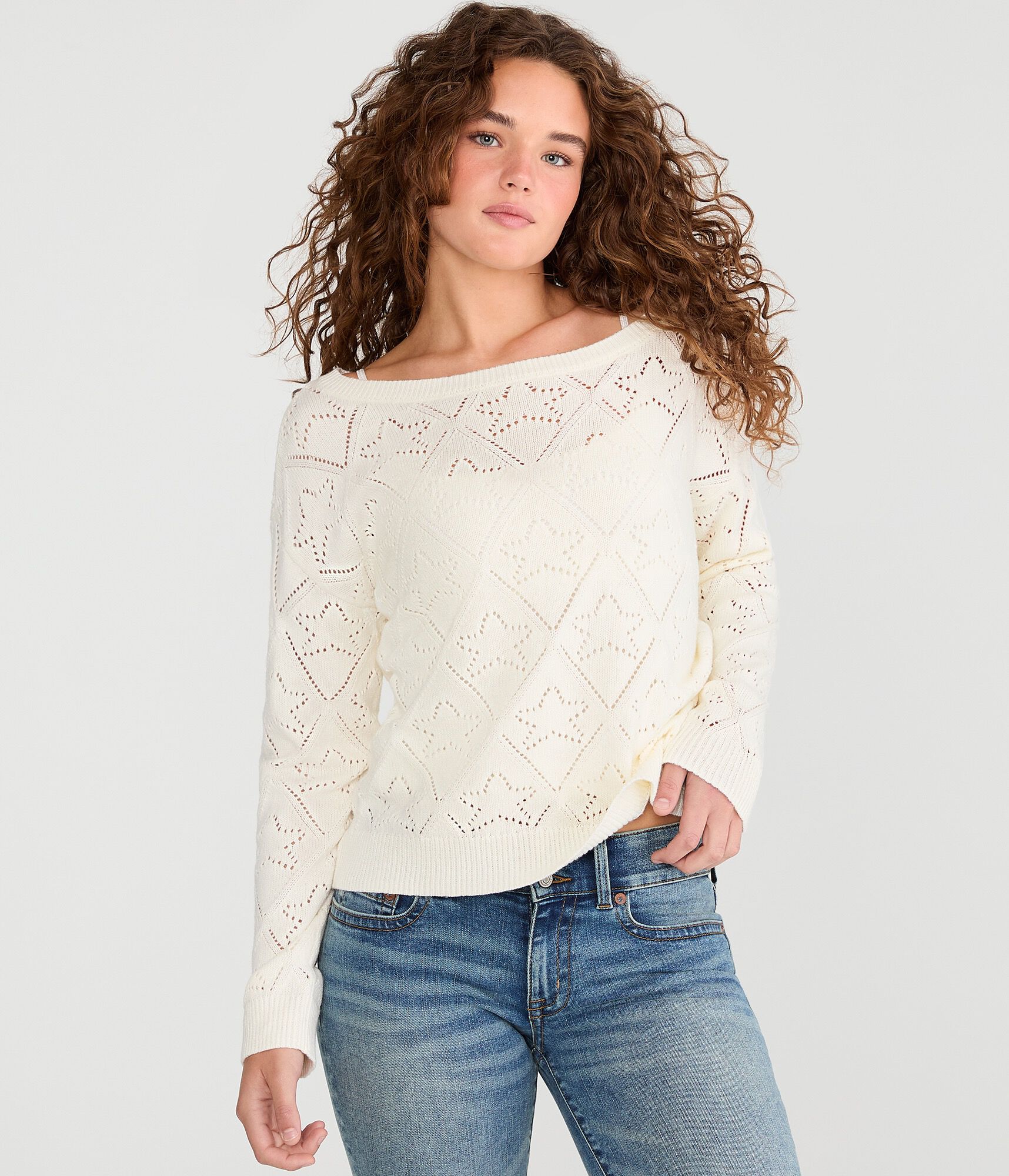 Slouchy Pointelle Star Slash-Neck Sweater