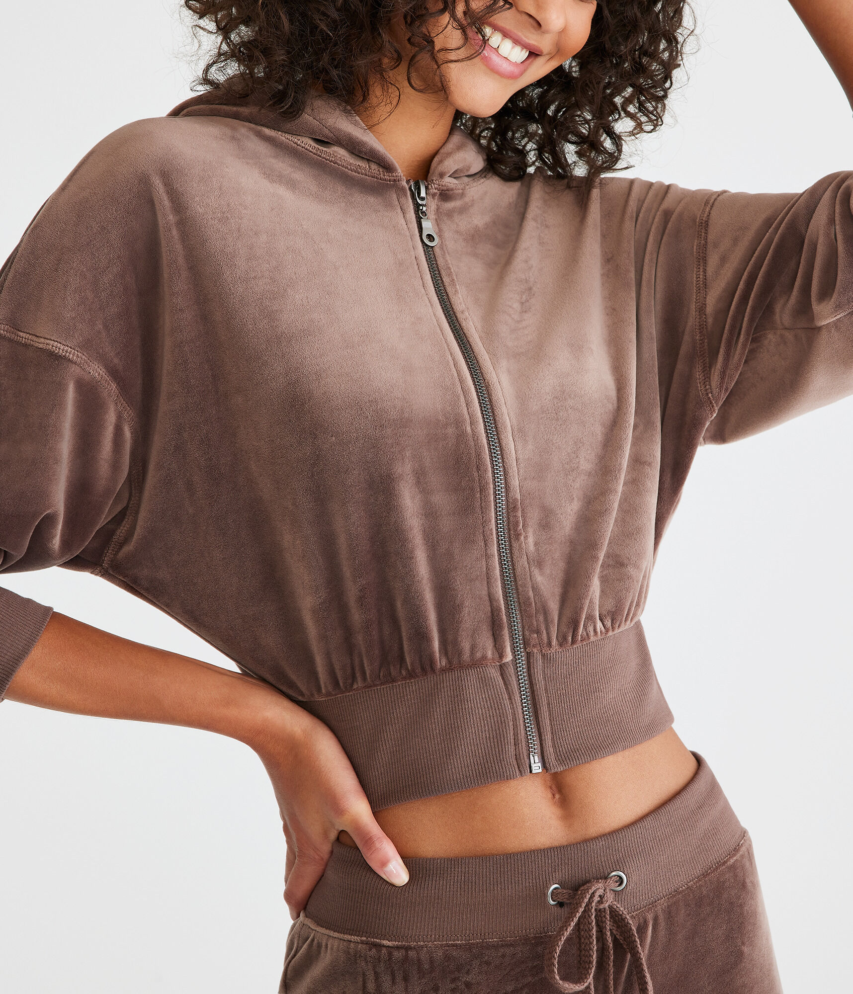 Velour Cropped Full-Zip Hoodie