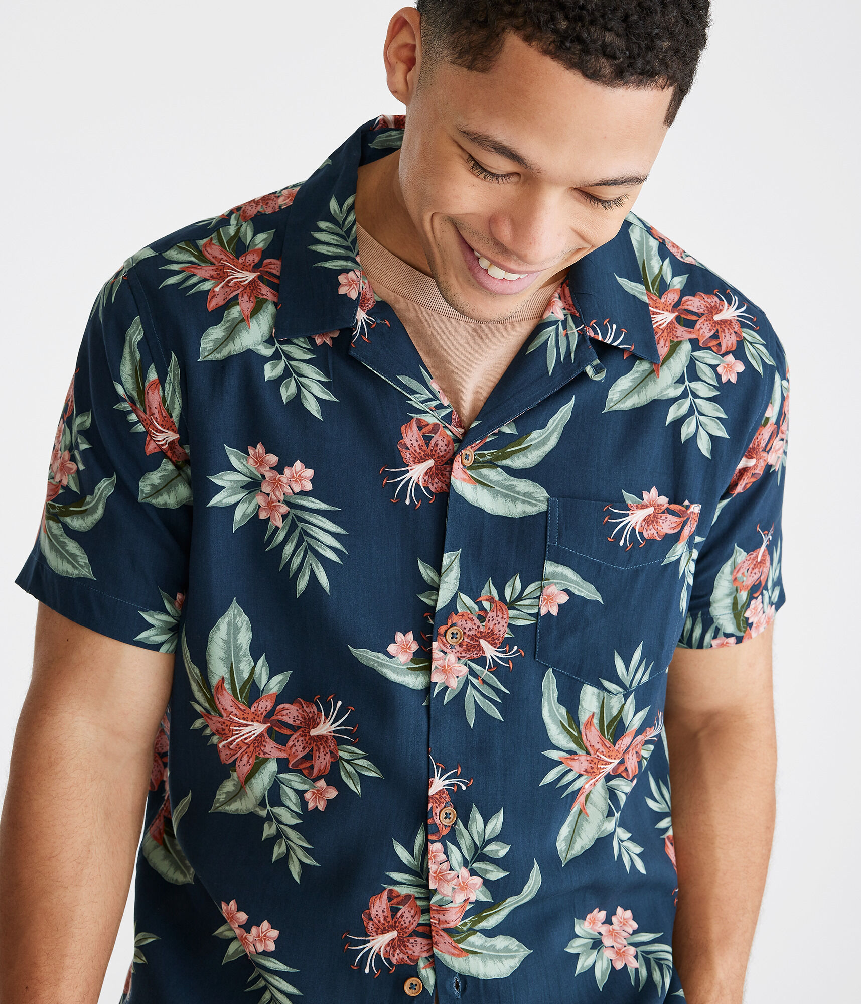 Tropical Floral Print Camp Shirt