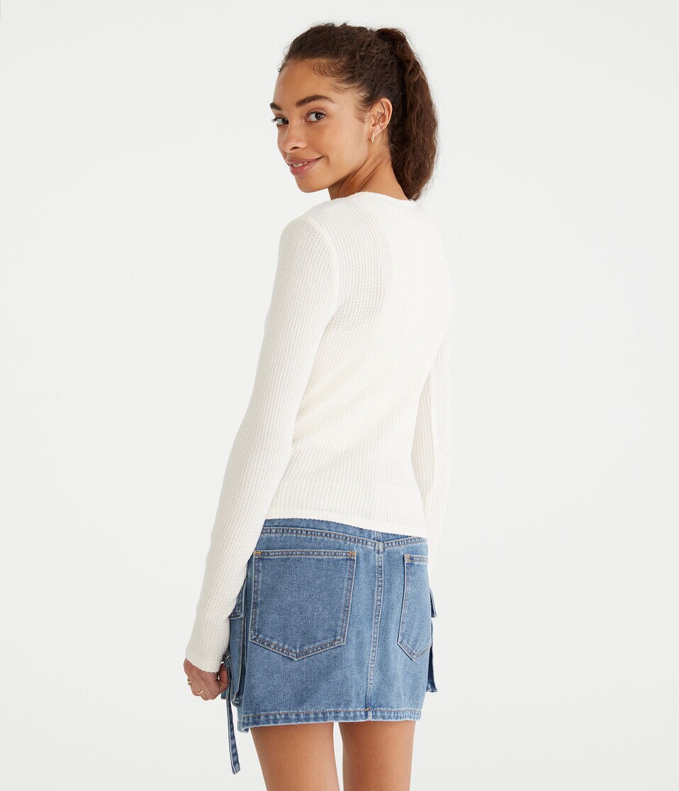 Long Sleeve Waffle Notch-Neck Shrunken Tee