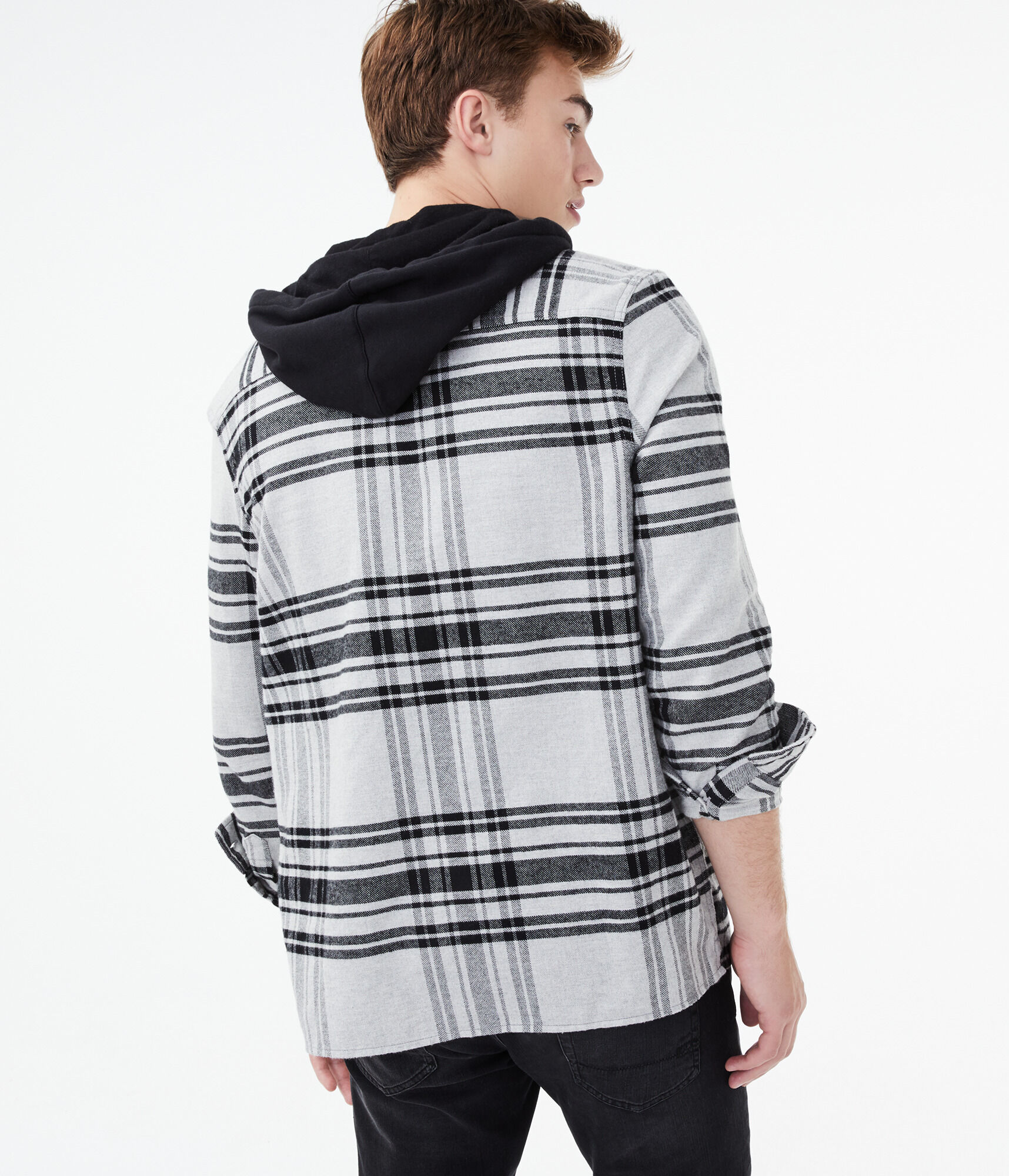 Long Sleeve Plaid Hooded Button Down Shirt