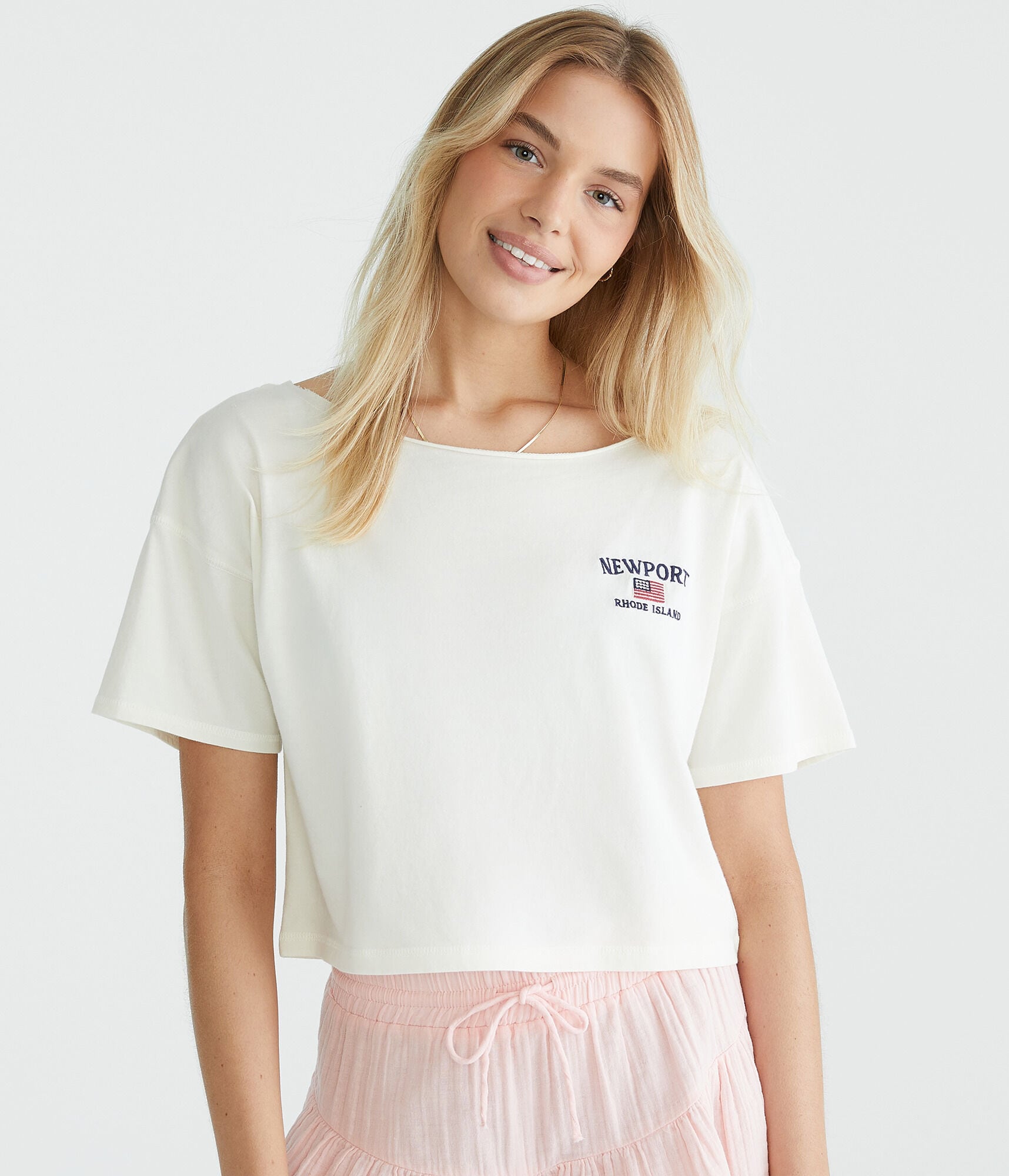 Newport Flag Off-The-Shoulder Cropped Boyfriend Graphic Tee