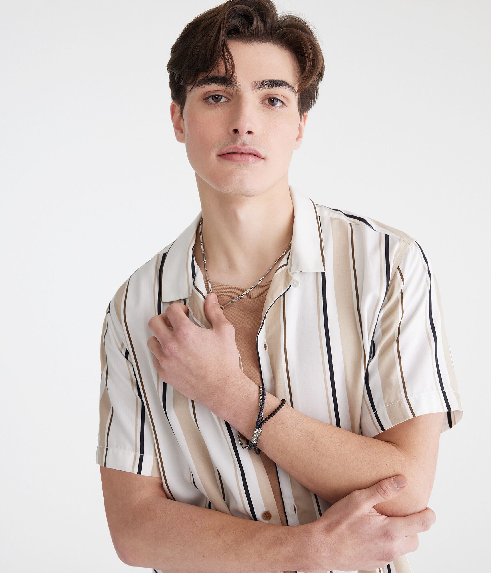 Short Sleeve Vertical Stripe Camp Shirt