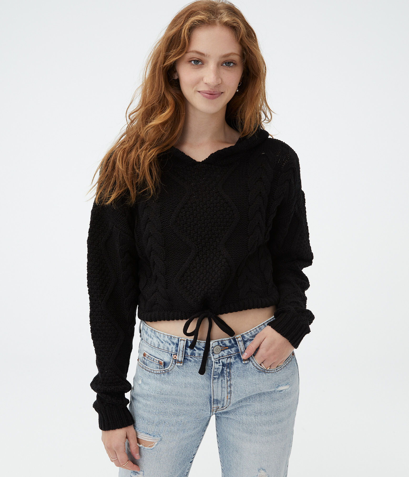 Cable-Knit Cropped Hooded Sweater