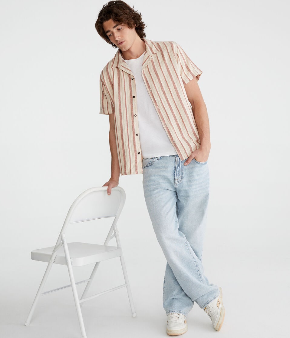 Short Sleeve Textured Stripe Linen Shirt