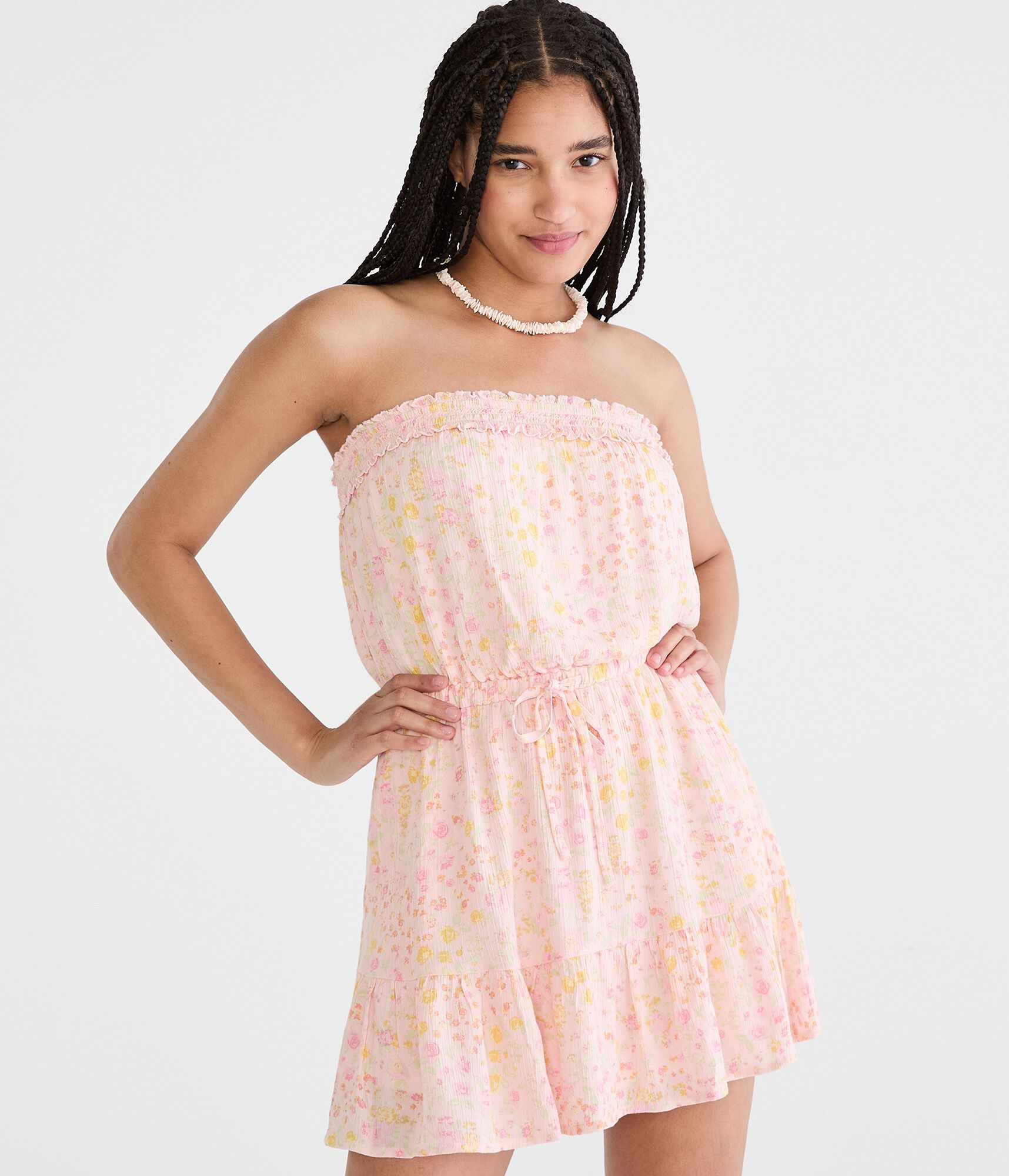 Floral Strapless Cinched-Waist Mini Dress