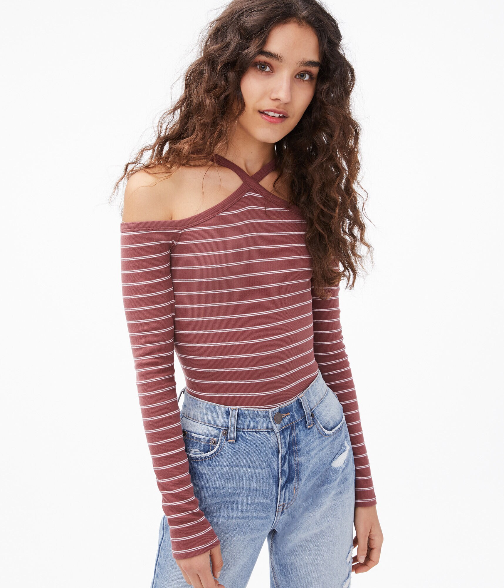 Long Sleeve Striped Cold-Shoulder Diamond-Neck Bodycon Top