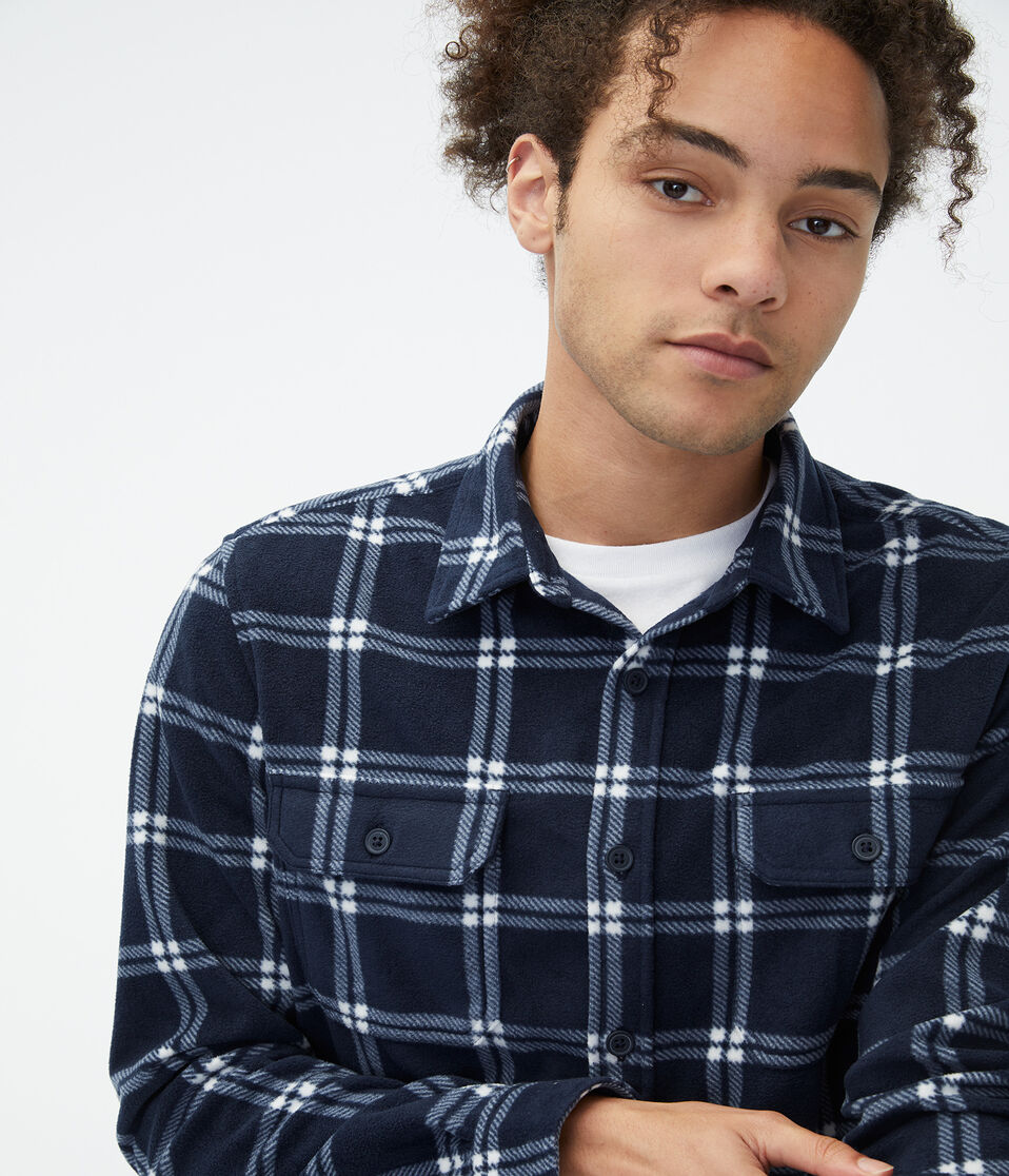 Long Sleeve Plaid Microfleece Button-Down Shirt
