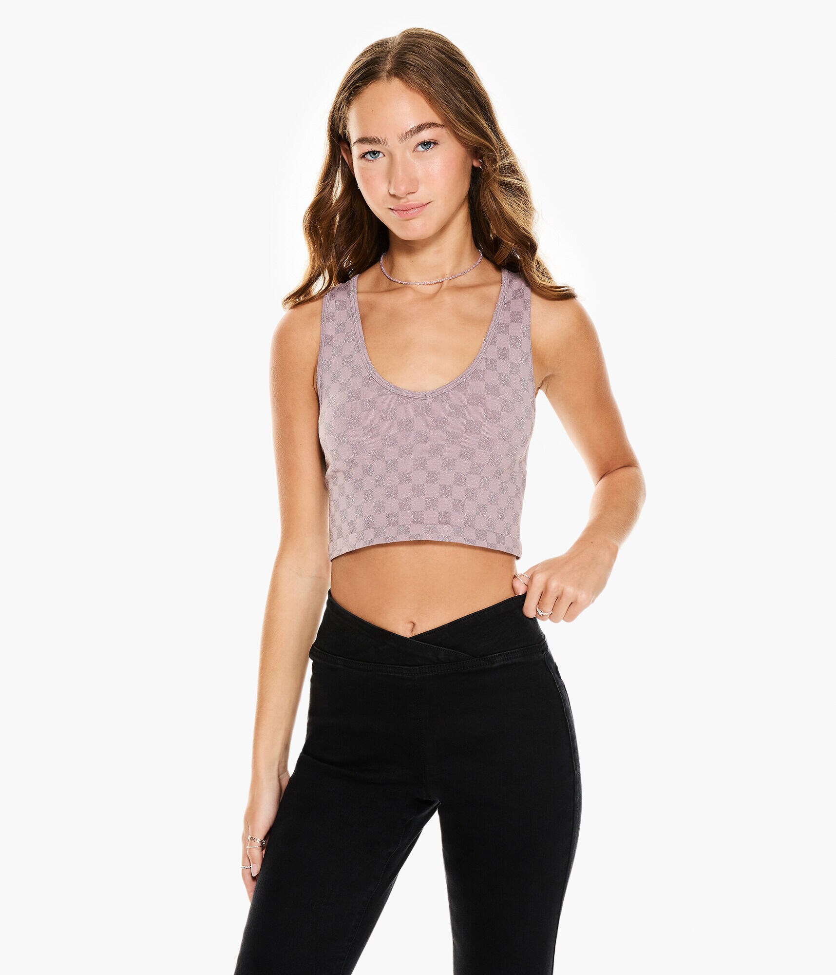 Checkered Shine Seamless V-Neck Cropped Tank