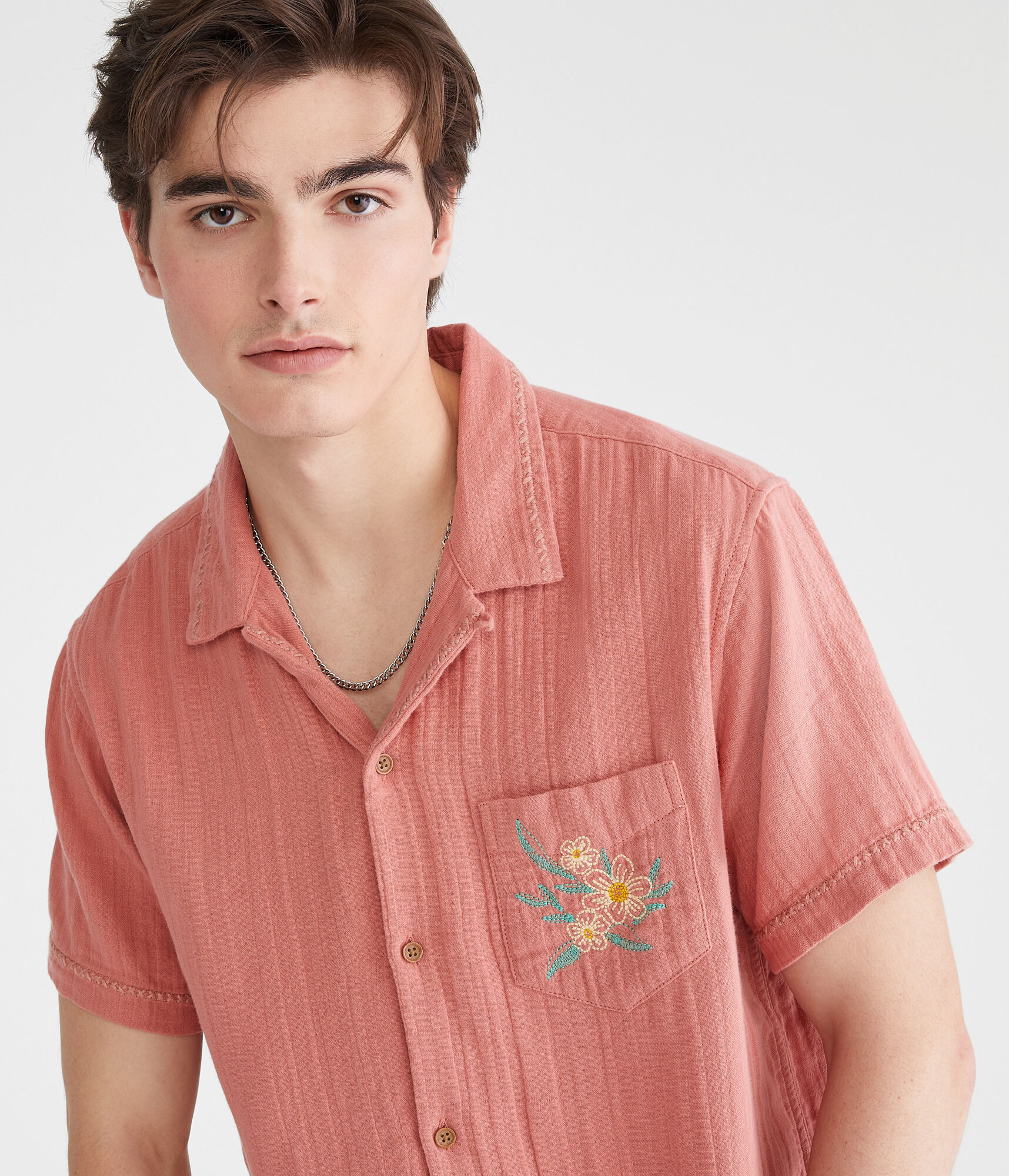 Short Sleeve Stitched Floral Gauze Camp Shirt