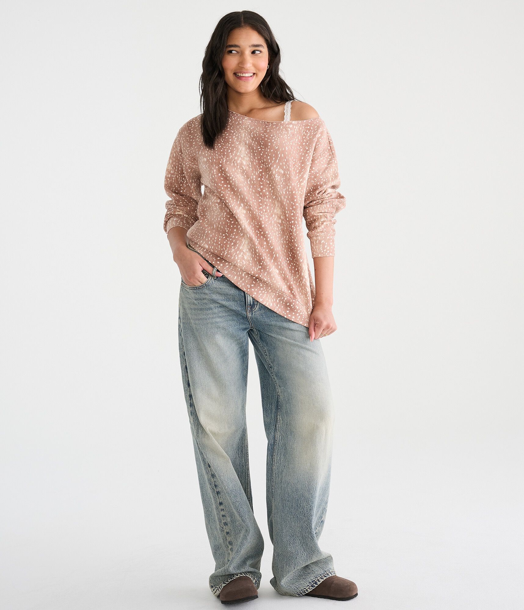 D&eacute;j&agrave; For Aero Deer Print Oversized Off-The-Shoulder Sweatshirt