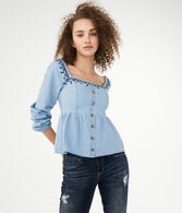 La Marina Larga Embroidered Long Sleeve Peasant Blouse - Pool La Marina Larga Embroidered Long Sleeve Peasant Blouse - Pool