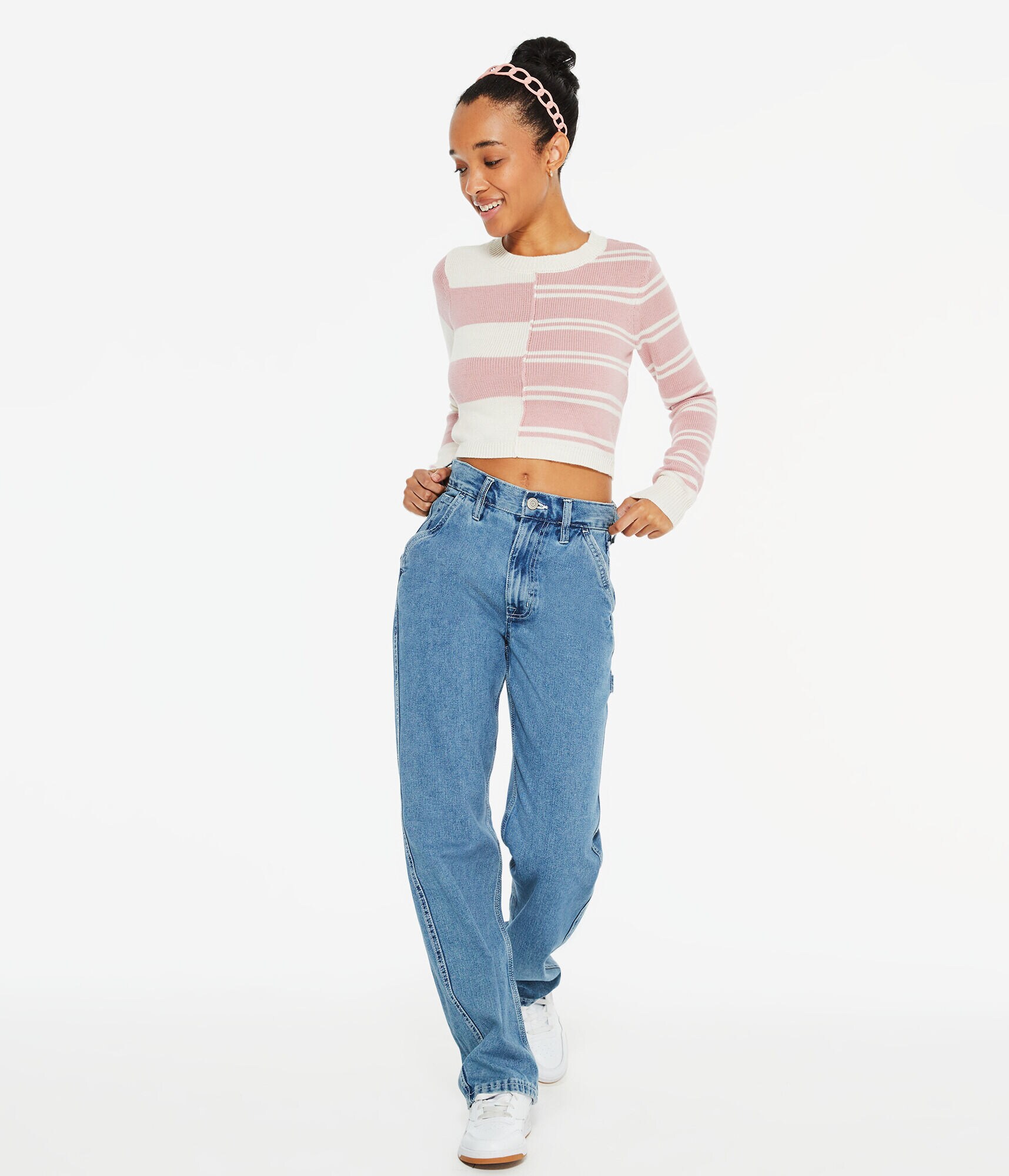 Spliced Stripe Cropped Crew Sweater