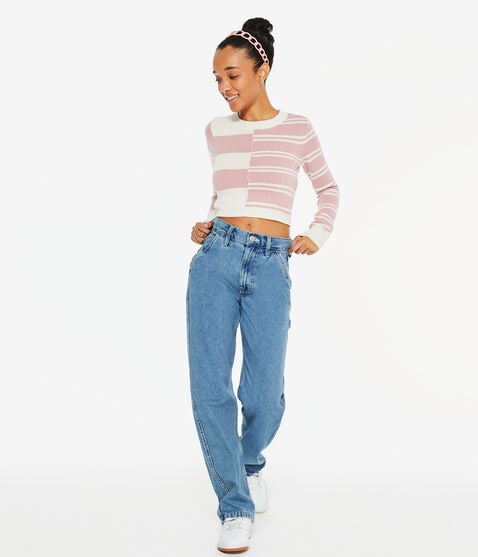 Spliced Stripe Cropped Crew Sweater Spliced Stripe Cropped Crew Sweater
