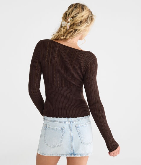 Pointelle Tie-Front Square-Neck Sweater Pointelle Tie-Front Square-Neck Sweater