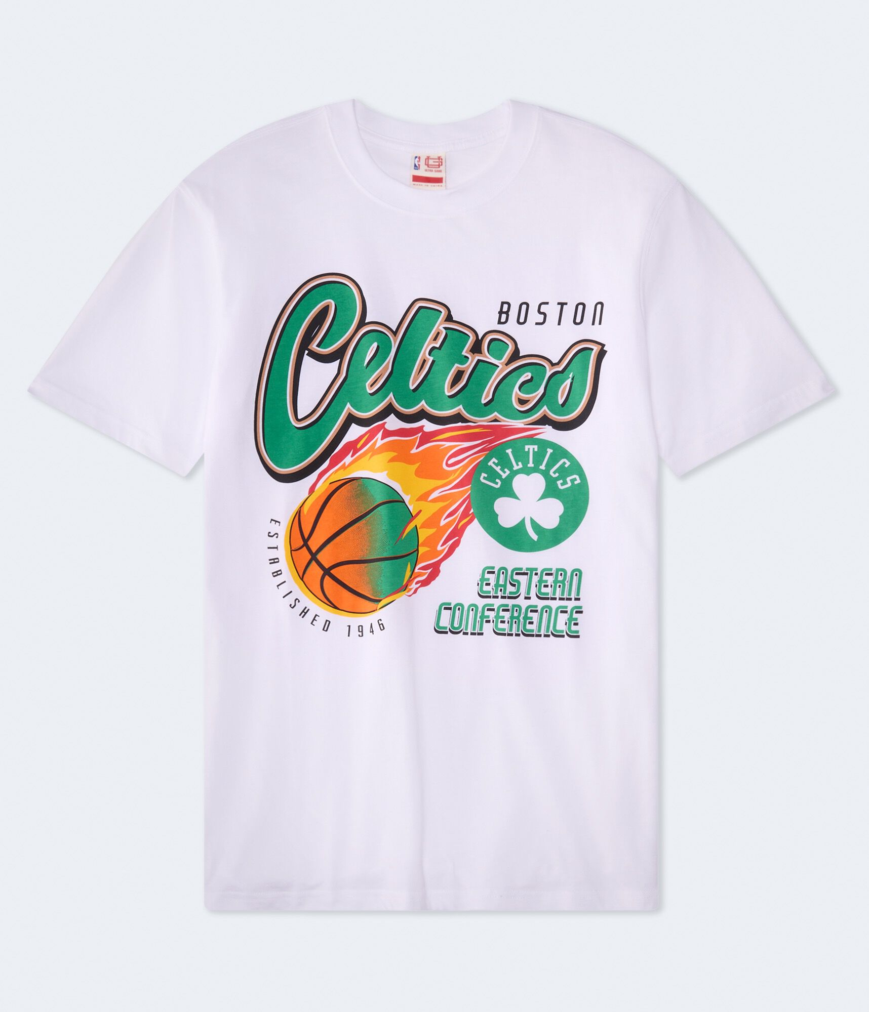 Boston Celtics Flaming Basketball Relaxed Graphic Tee