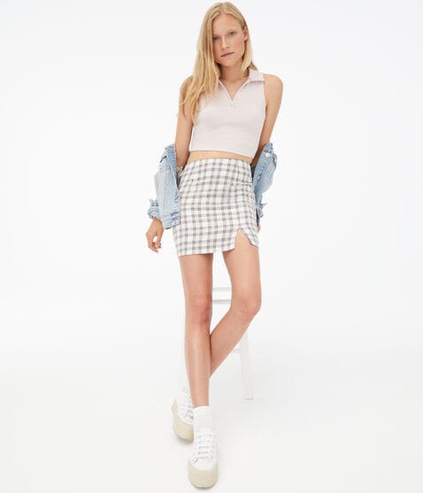 Plaid Notch High-Waisted Mini Skirt