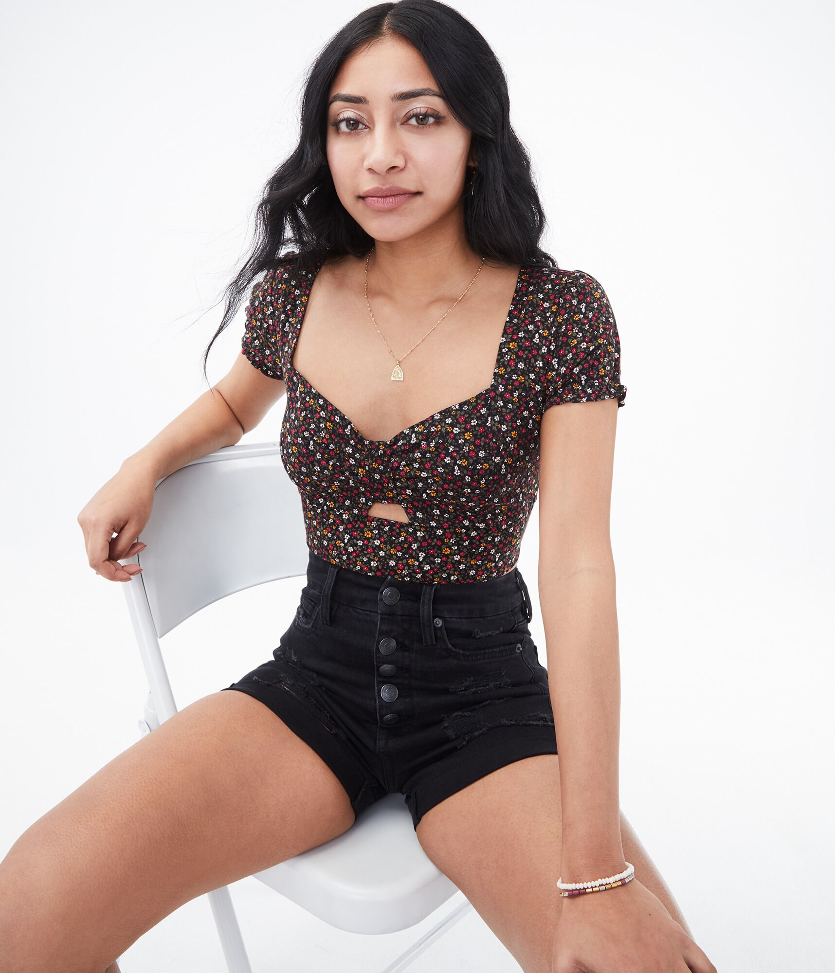 Patterned Keyhole Cutout Crop Top