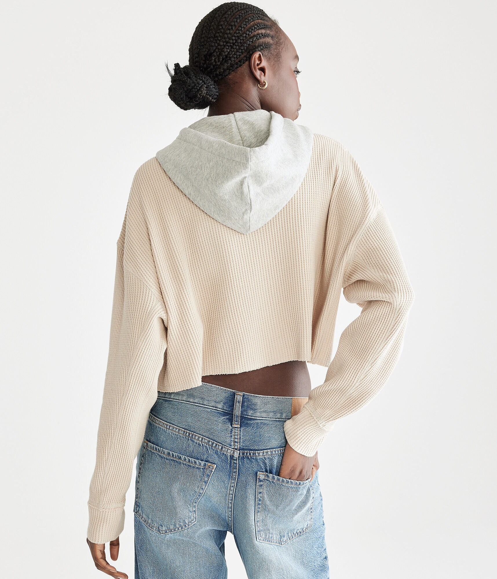 Hooded Waffle-Knit Cropped Jacket