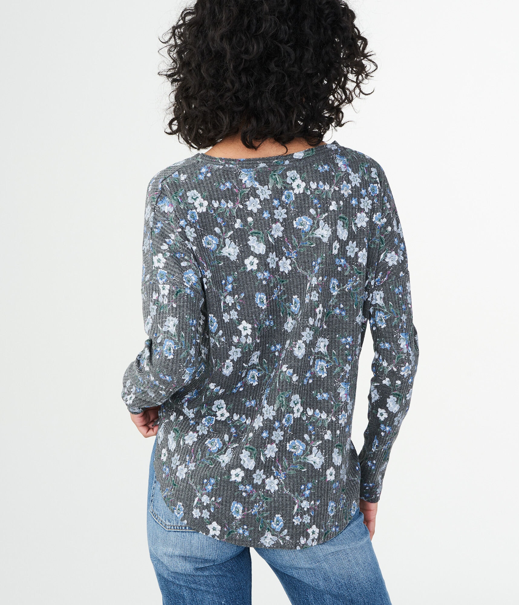 Long Sleeve Floral Waffle-Knit Top