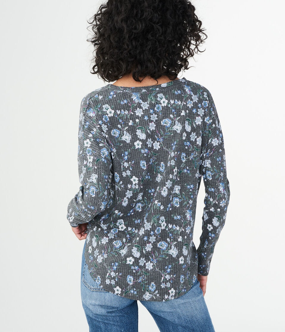 Long Sleeve Floral Waffle-Knit Top