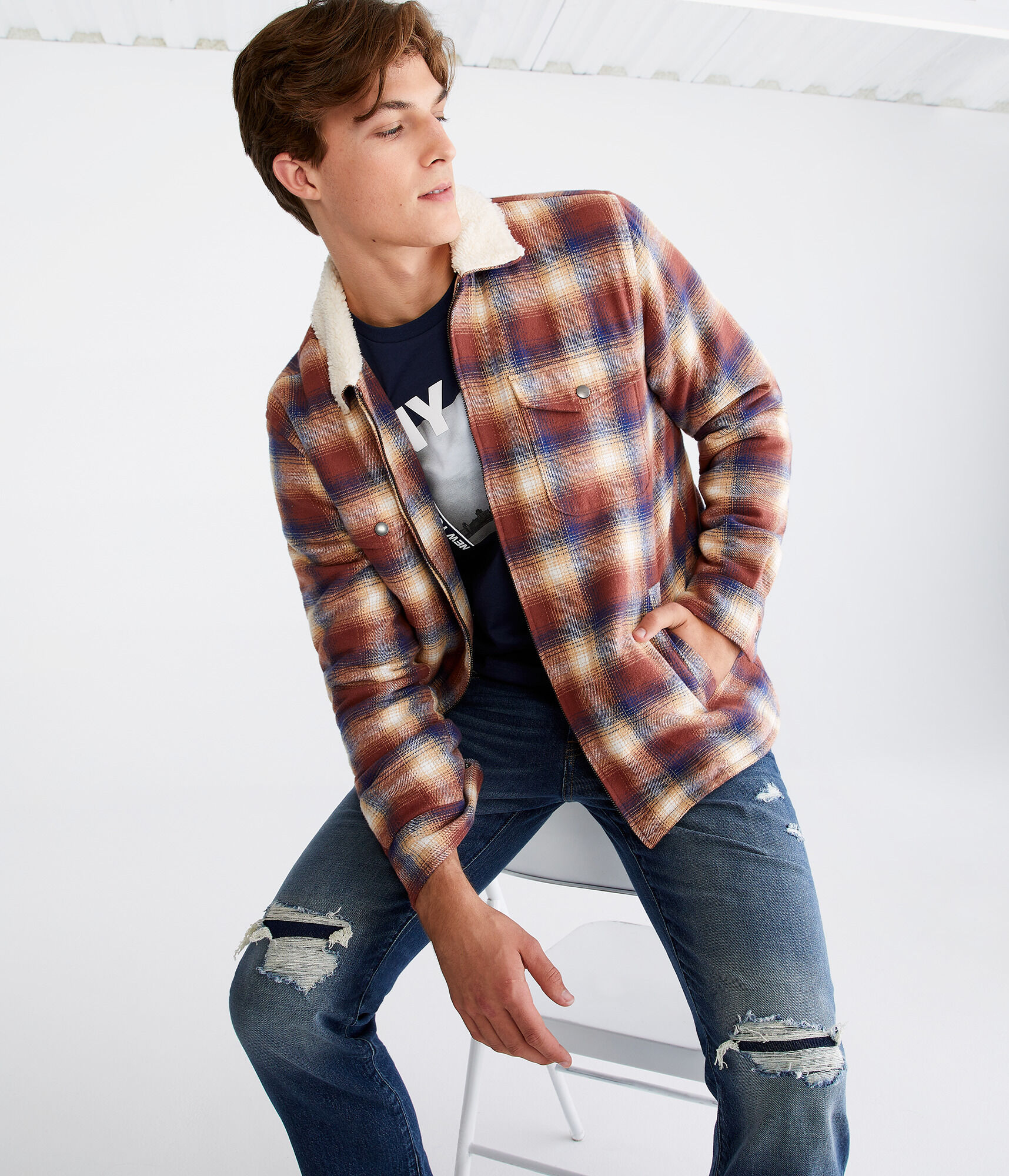 Plaid Sherpa-Lined Full-Zip Flannel Shacket