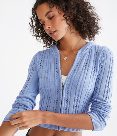Pointelle Cropped Zip-Front Hooded Sweater
