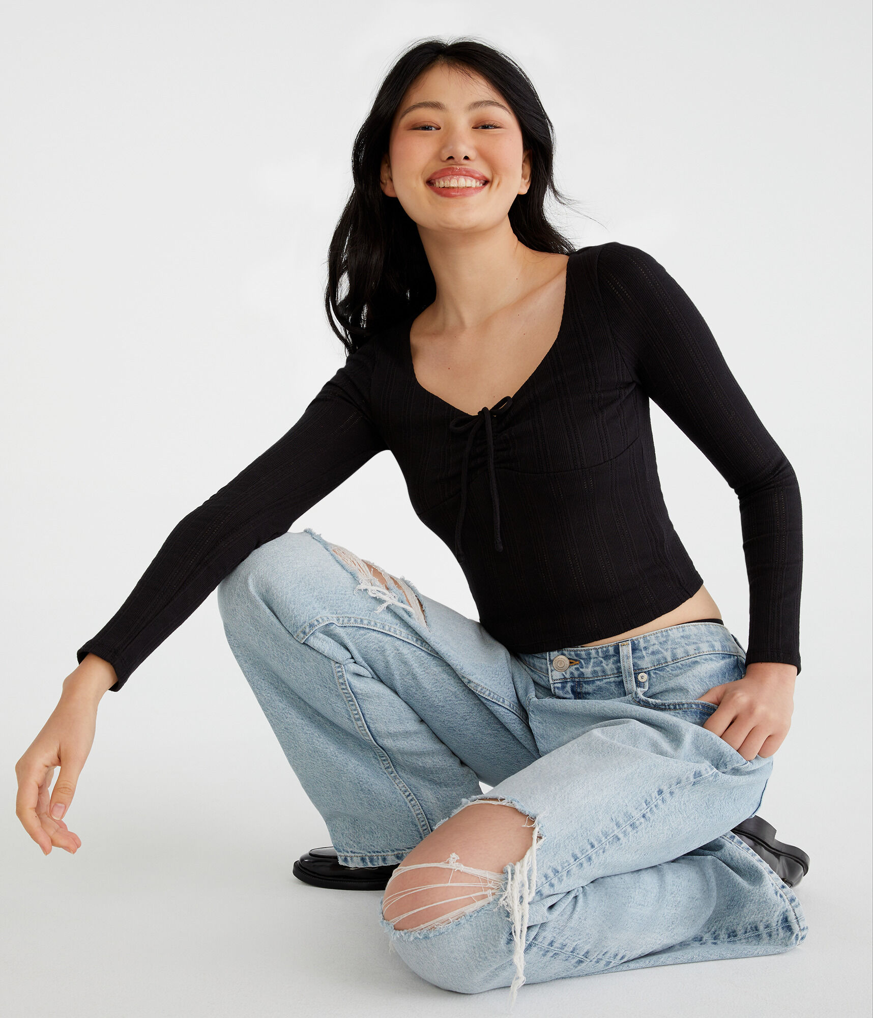 Long Sleeve Cinch-Front V-Neck Crop Top