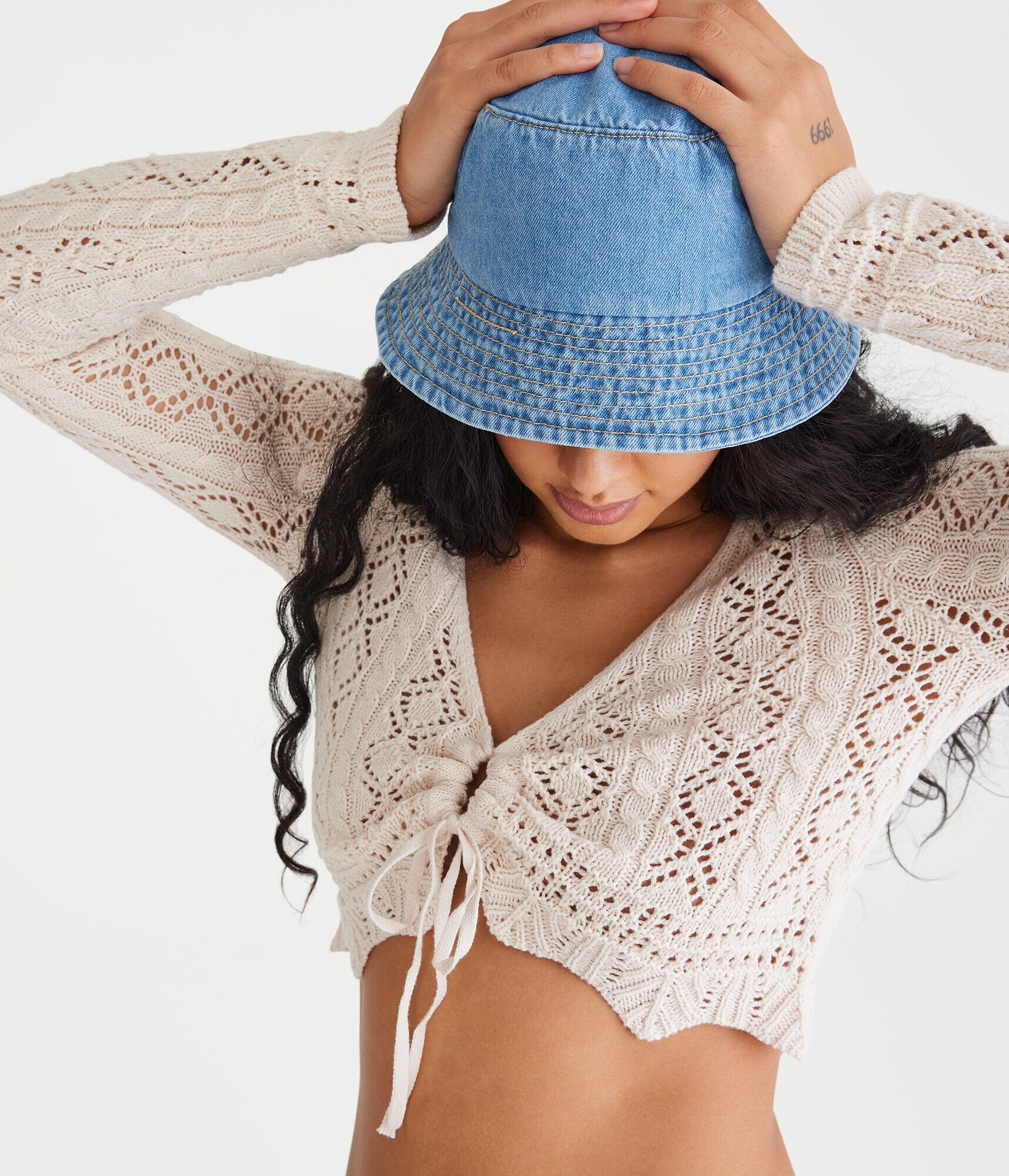 Long Sleeve Keyhole Pointelle Crop Top