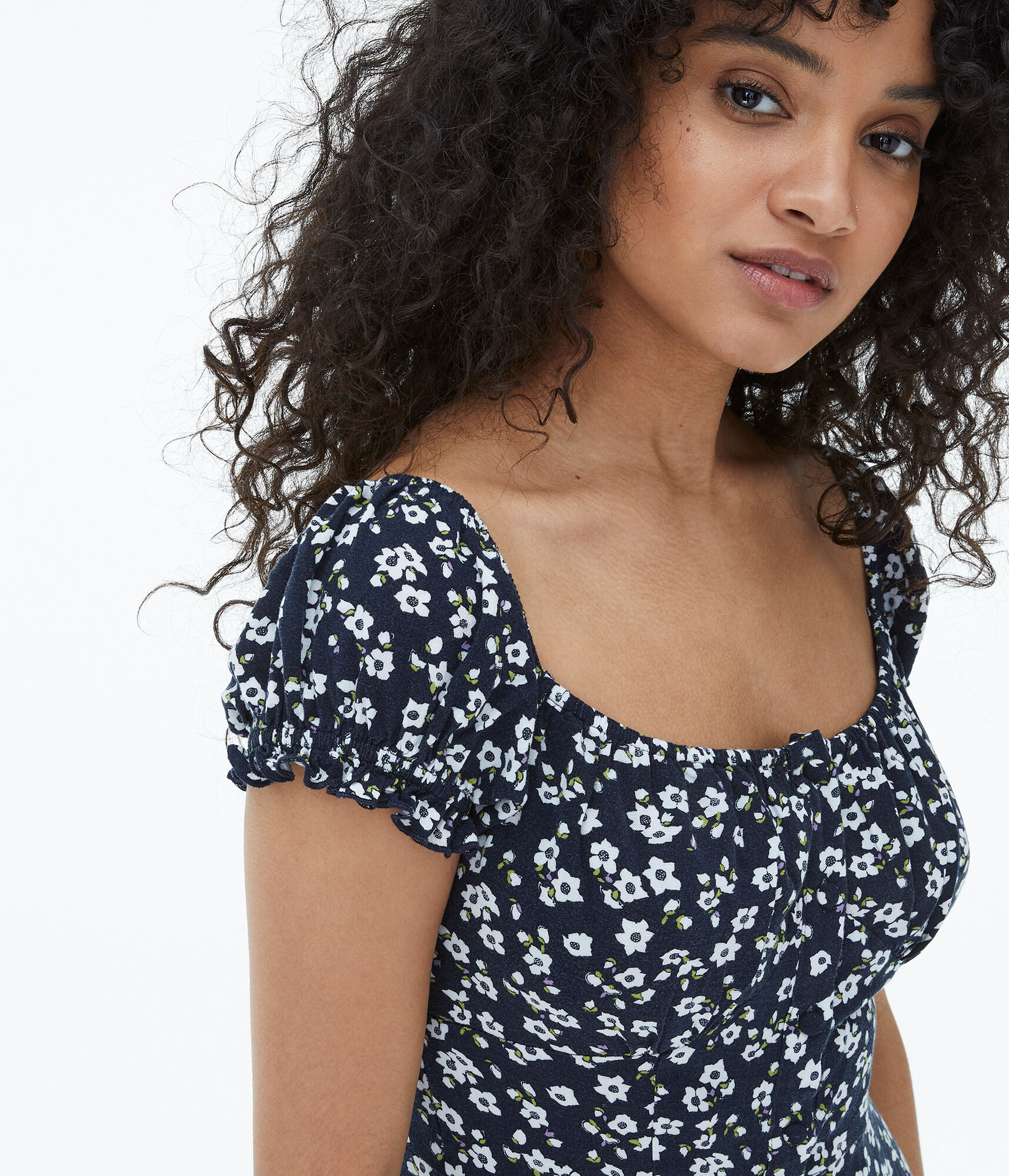 Floral Scoop-Neck Button-Front Mini Dress