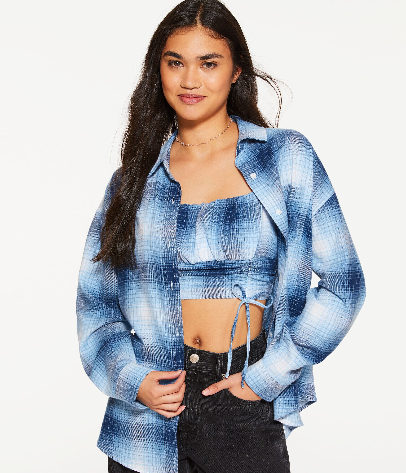 Long Sleeve Oversized Plaid Flannel Button-Down Shirt