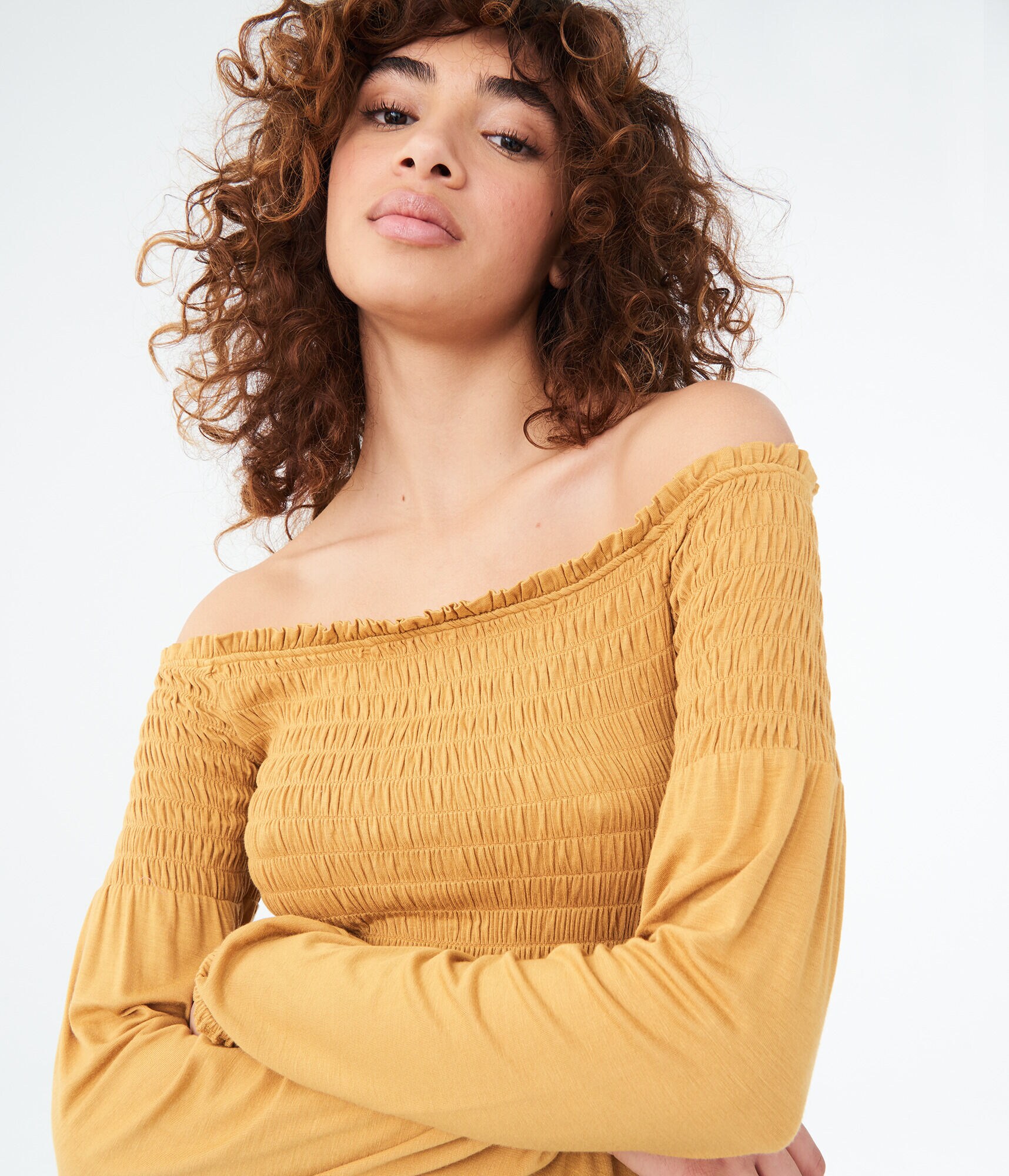 Long Sleeve Solid Smocked Off-The-Shoulder Top