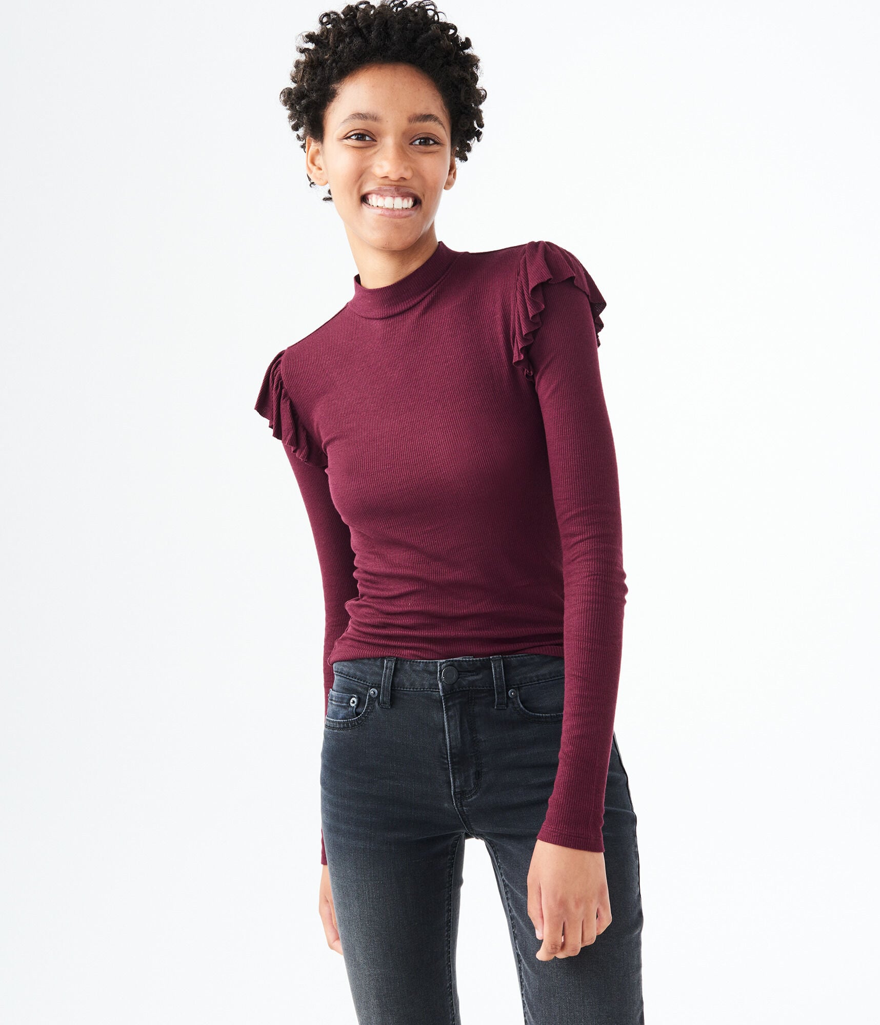 Long Sleeve Ruffled Mock-Neck Top
