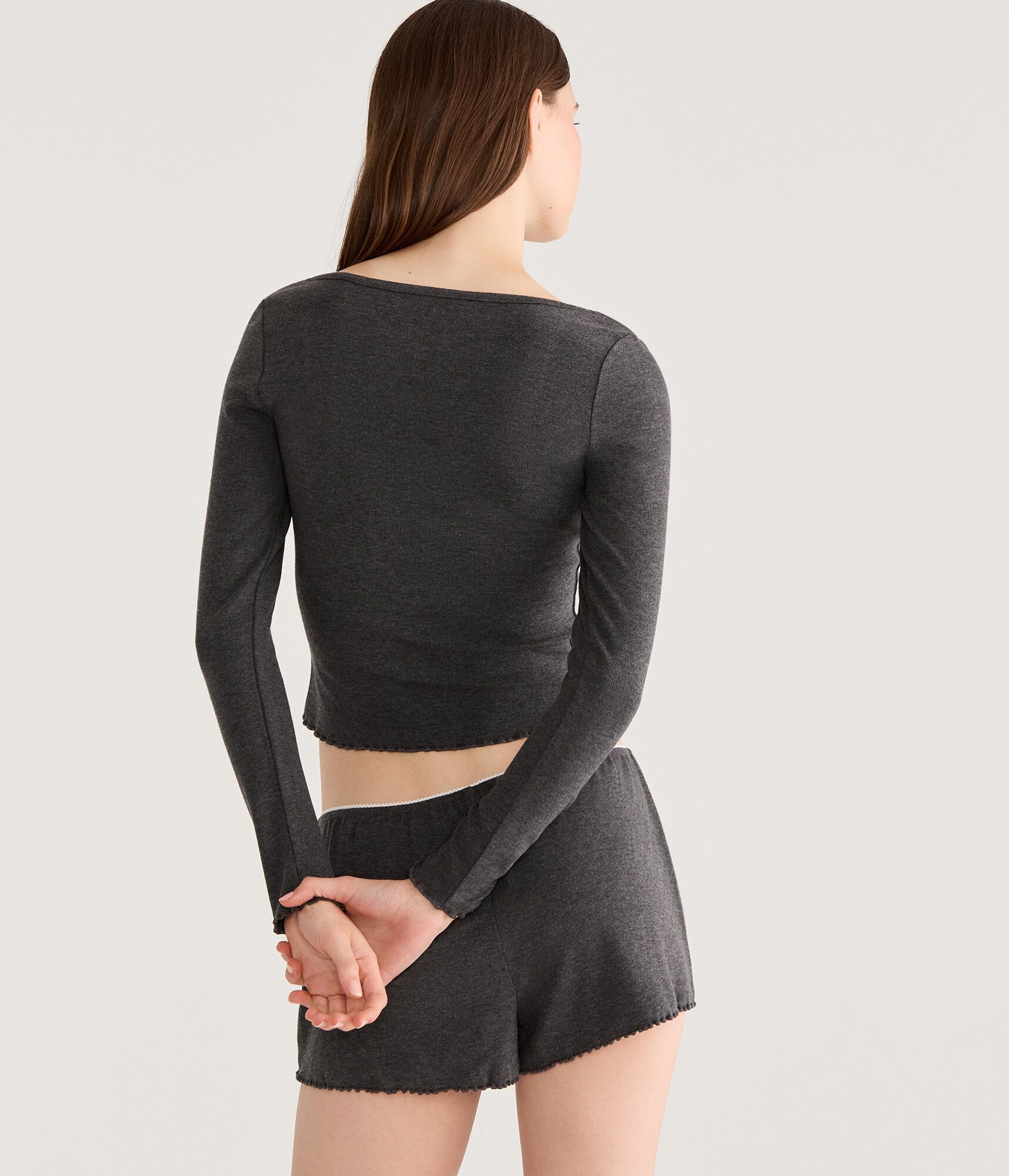 Long Sleeve Lace-Trim Cropped Sleep Tee