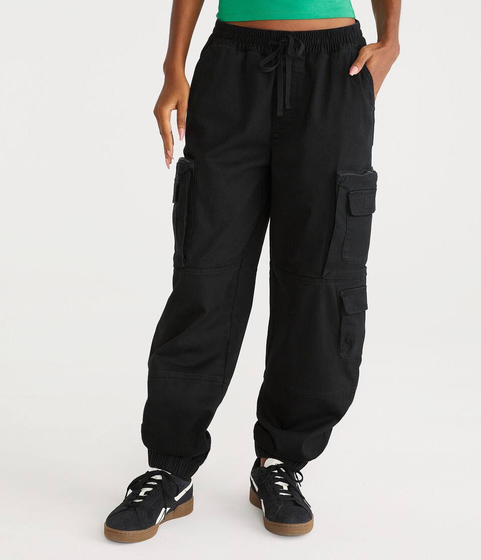High-Waisted Twill Cargo Joggers