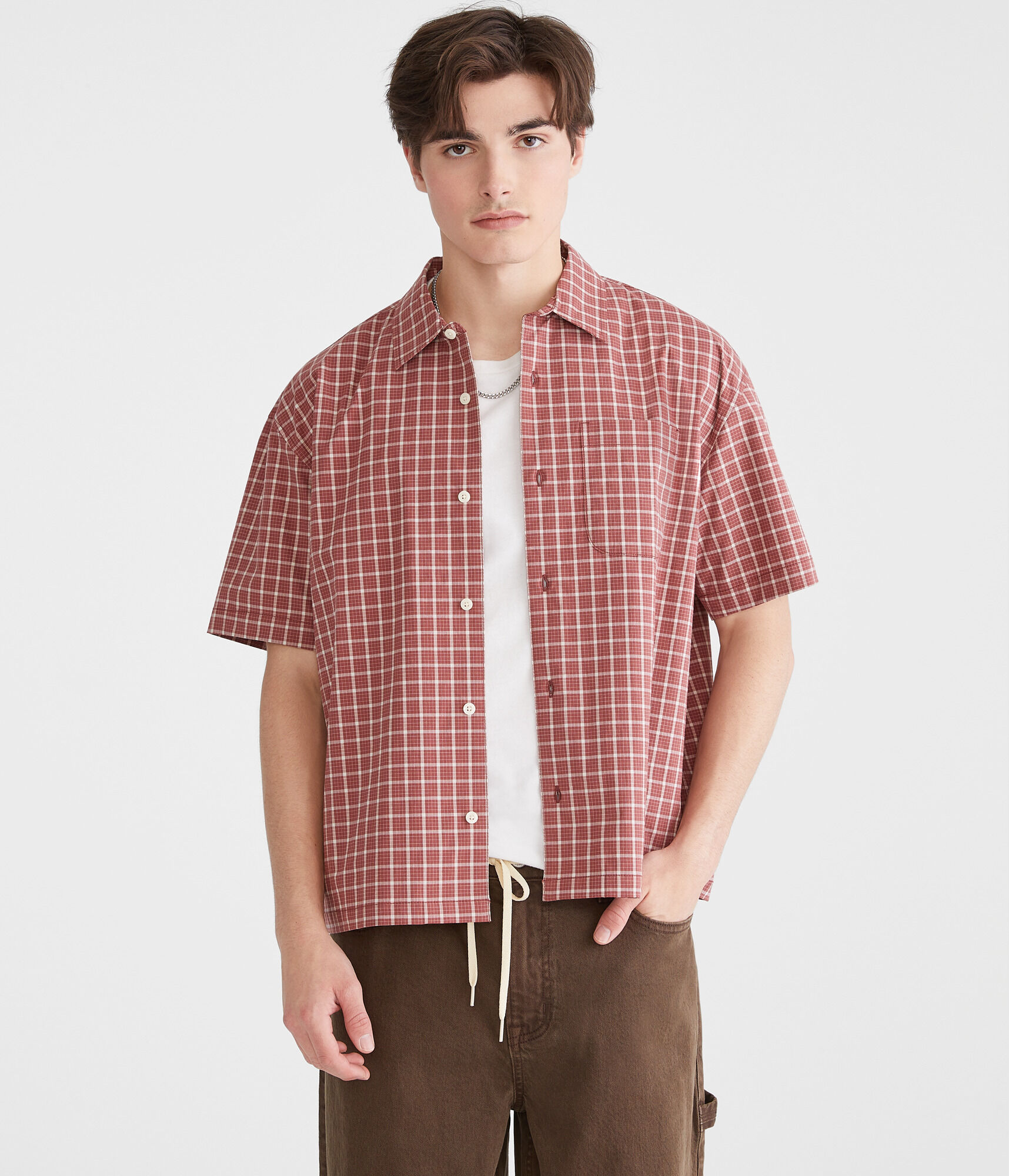 Short Sleeve Micro Plaid Boxy Shirt