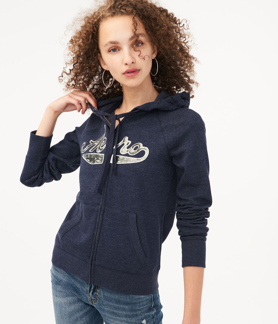 Sequin Logo Full-Zip Hoodie