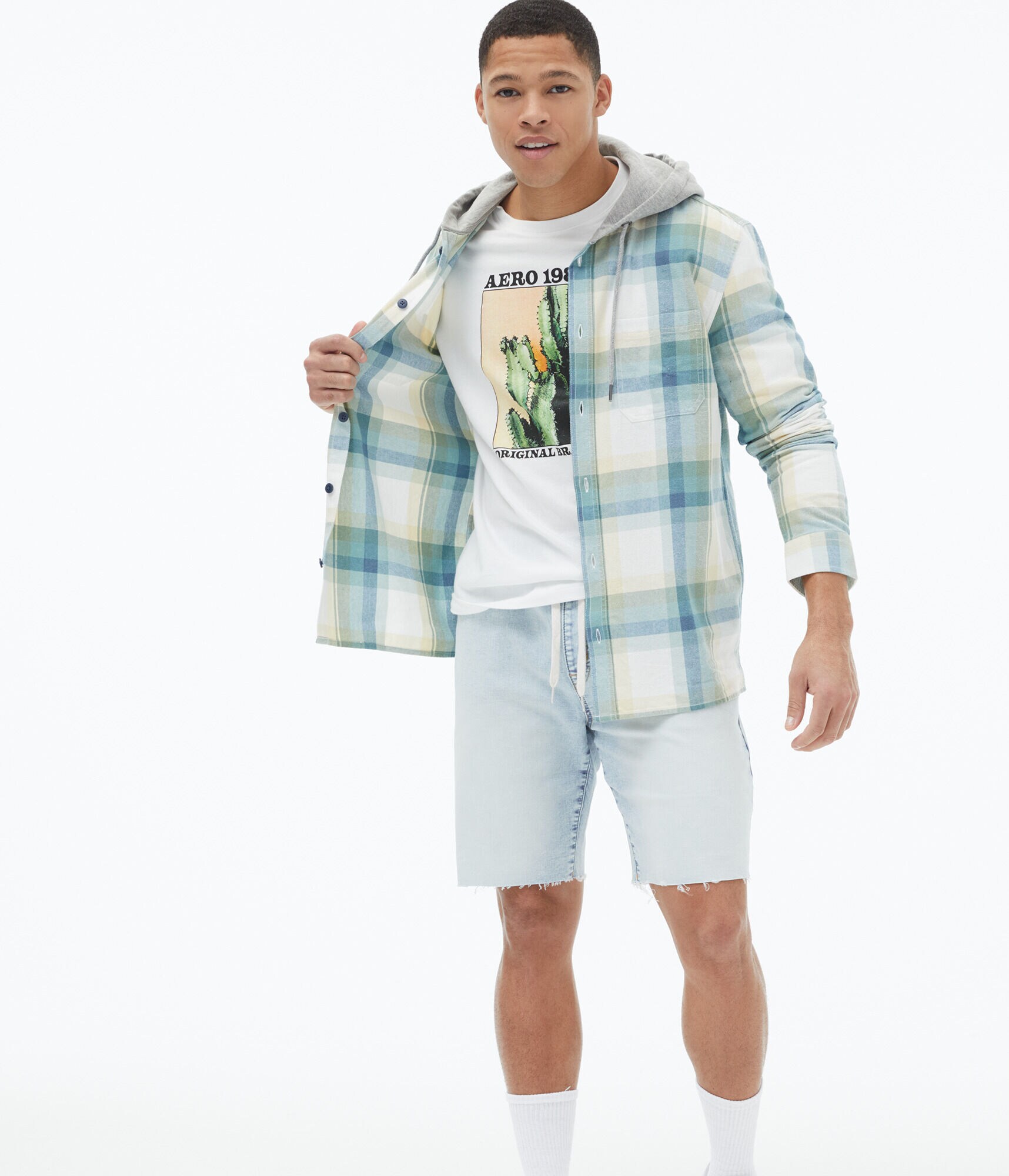 Long Sleeve Plaid Flannel Hooded Button-Down Shirt