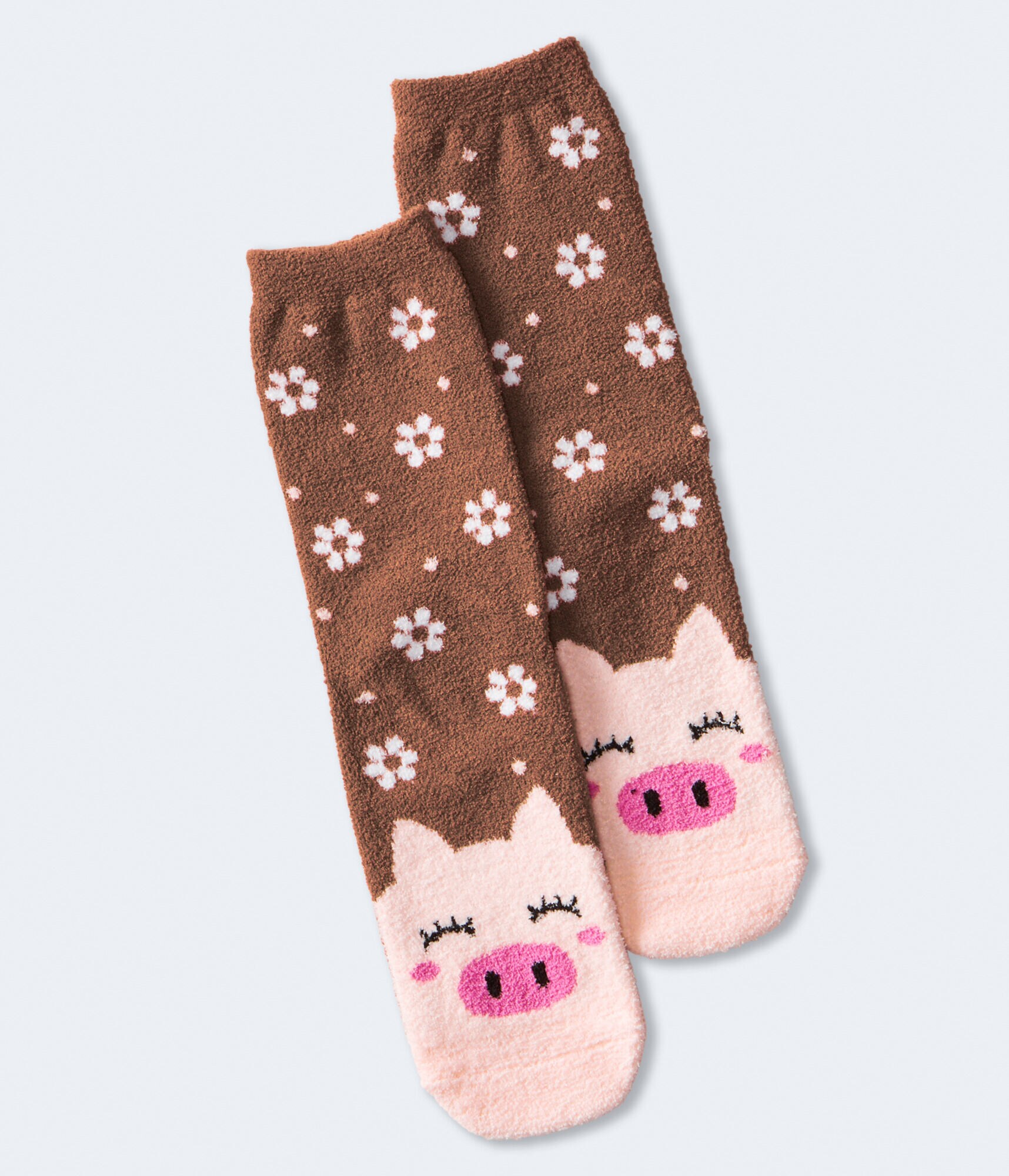 Pig Flowers Fuzzy Crew Socks