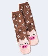 Pig Flowers Fuzzy Crew Socks