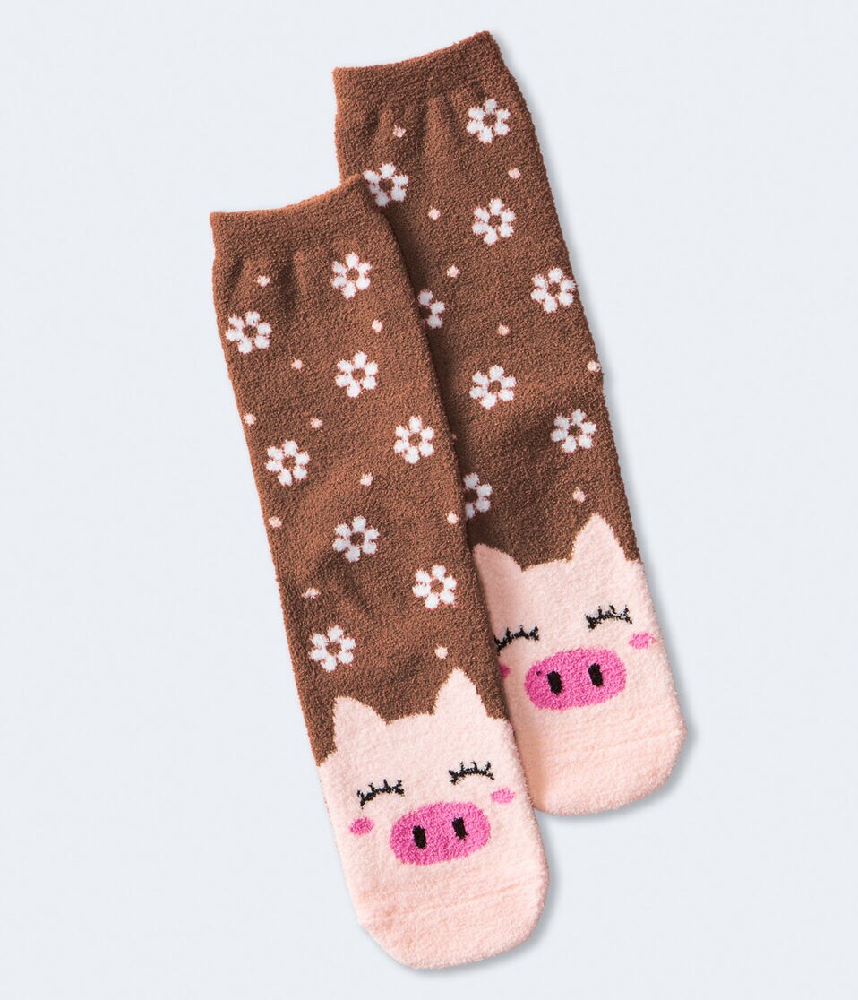 Pig Flowers Fuzzy Crew Socks