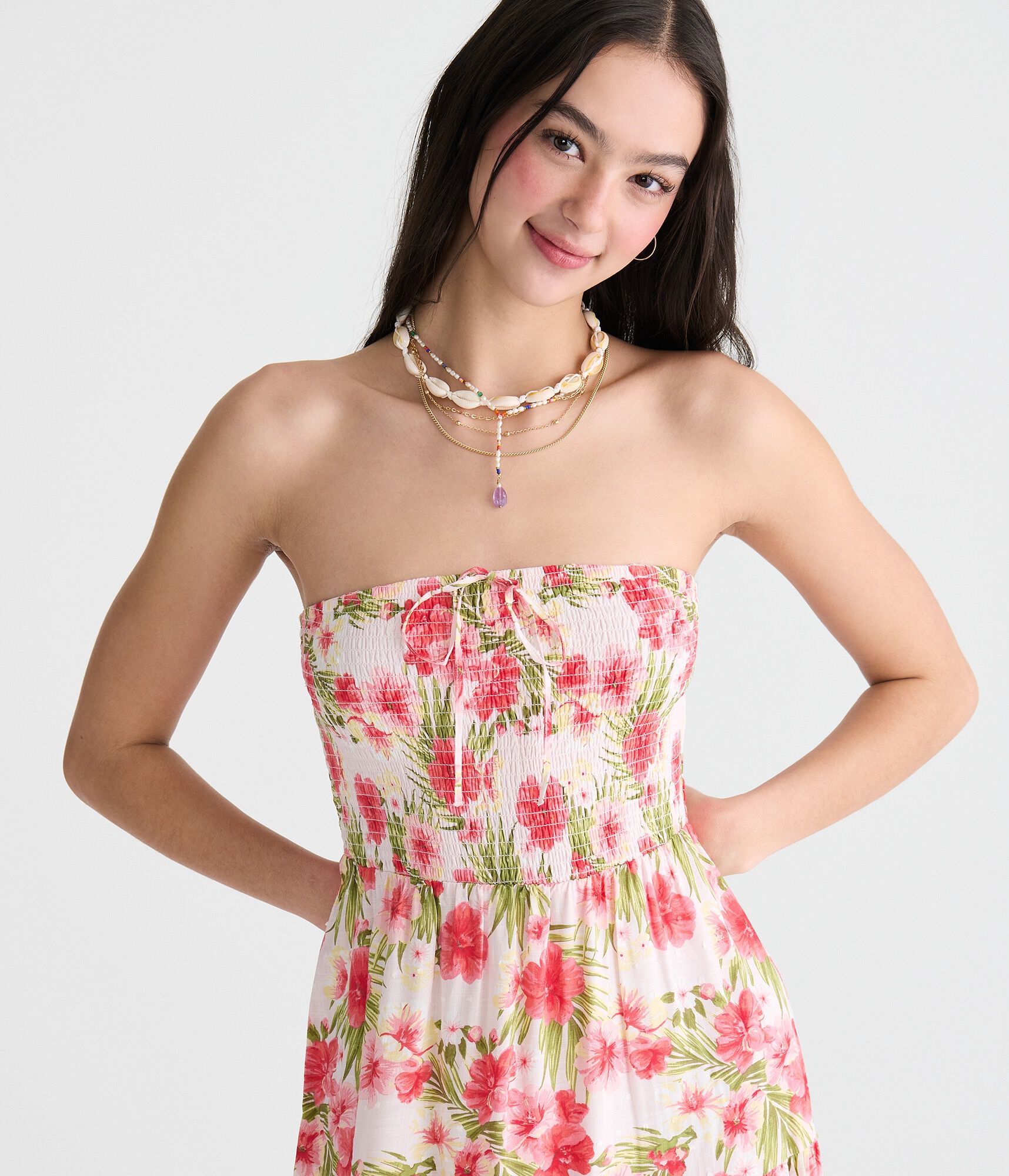 Floral Strapless Smocked Midi Dress